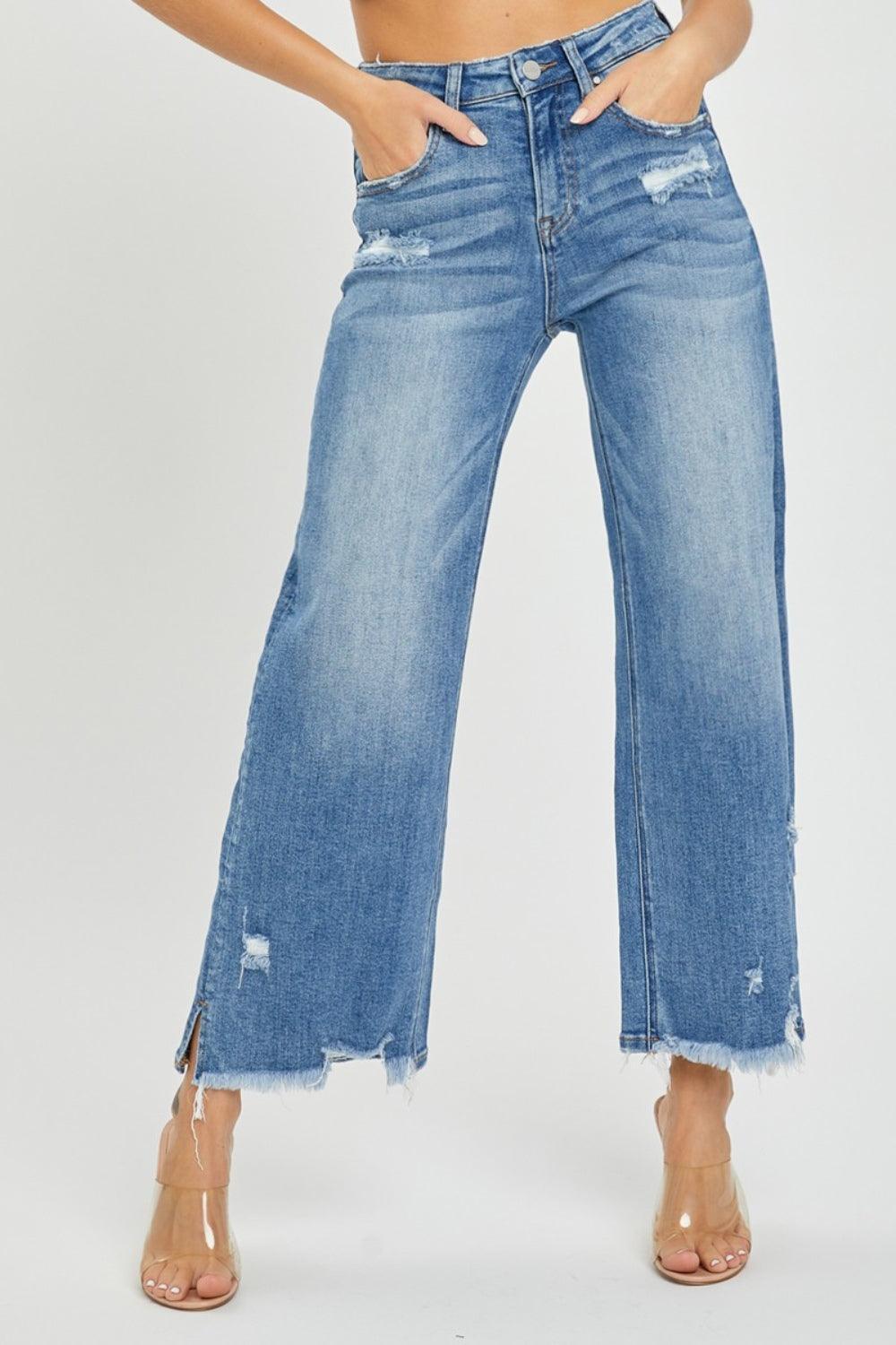 RISEN High Rise Side Slit Raw Hem Cropped Jeans - ClubOn