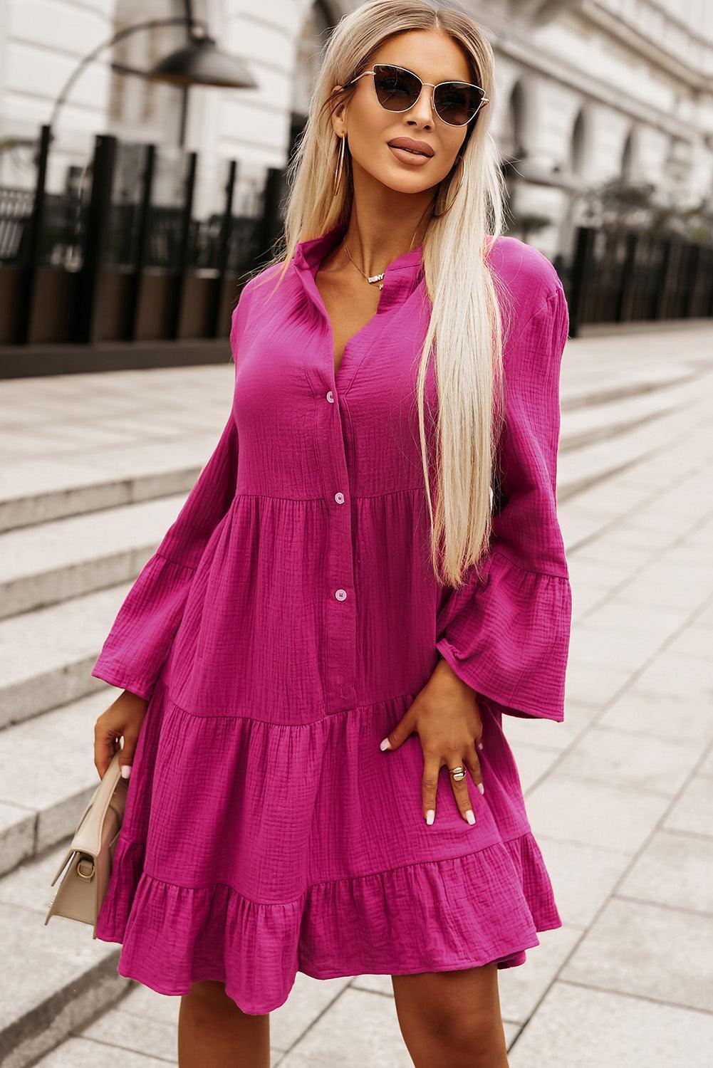 Buttoned Flare Sleeve Tiered Dress - ClubOn