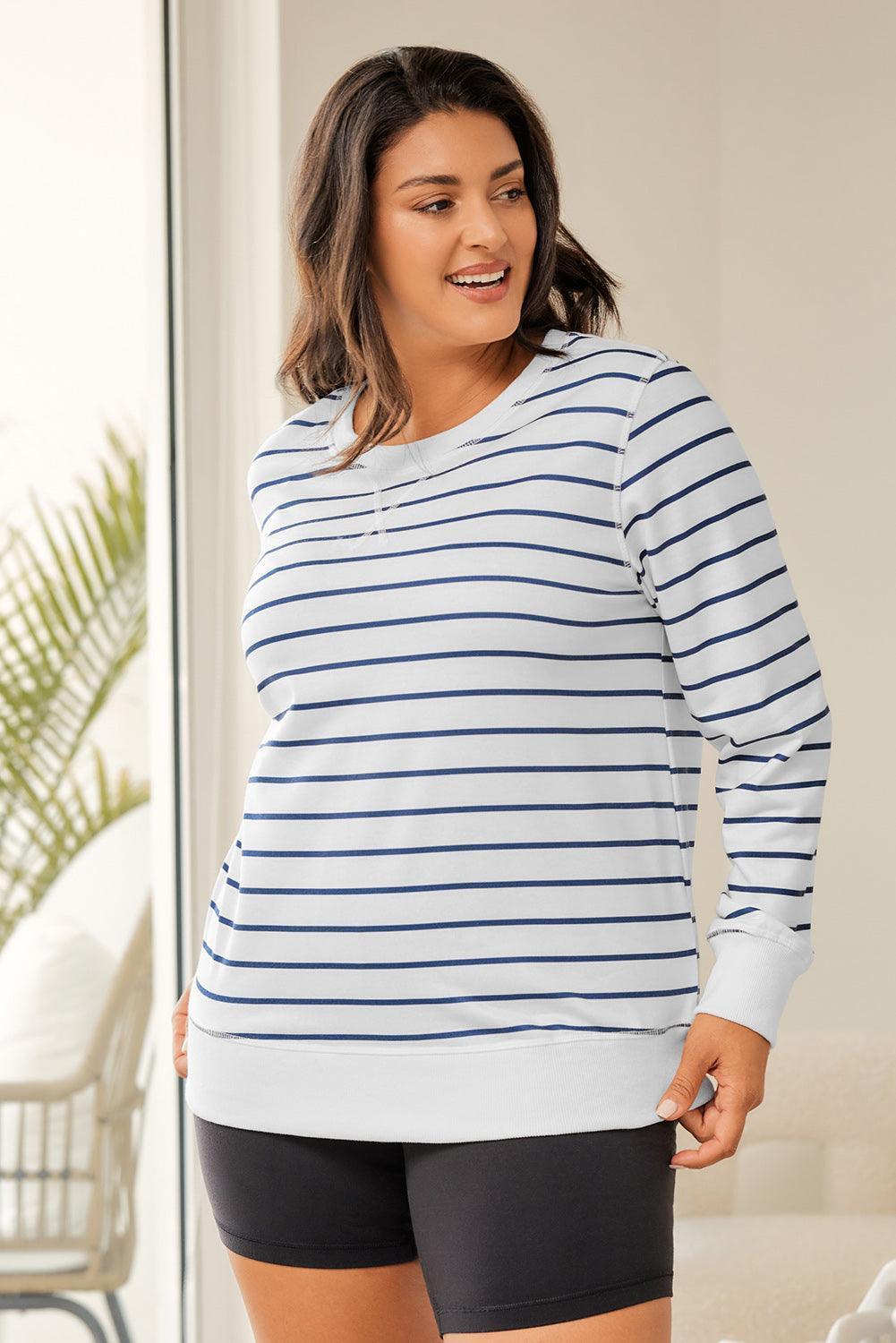 Plus Size Striped Round Neck Long Sleeve T-Shirt - ClubOn