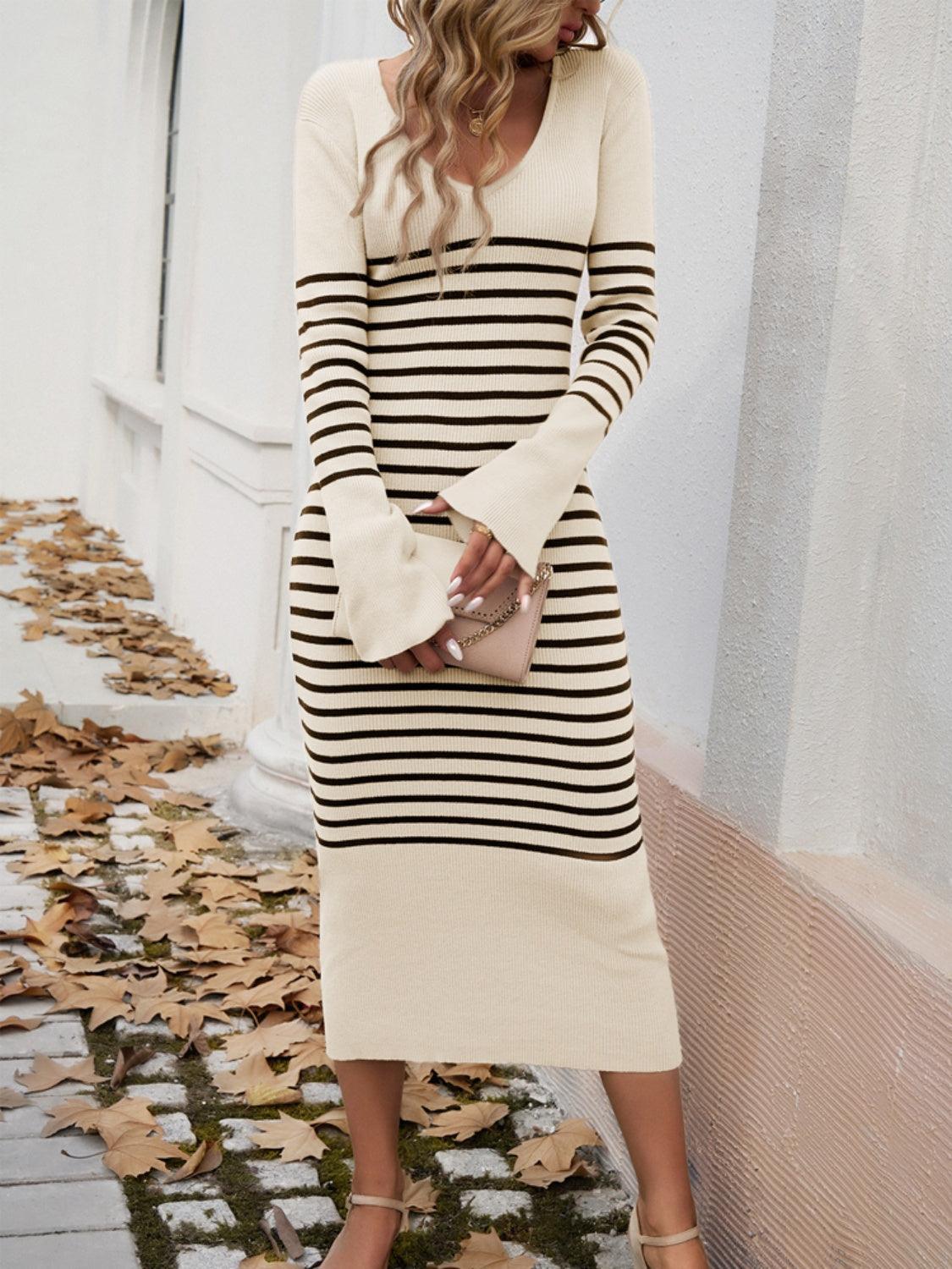 Devine Striped V-Neck Long Sleeve Sweater Dress - ClubOn