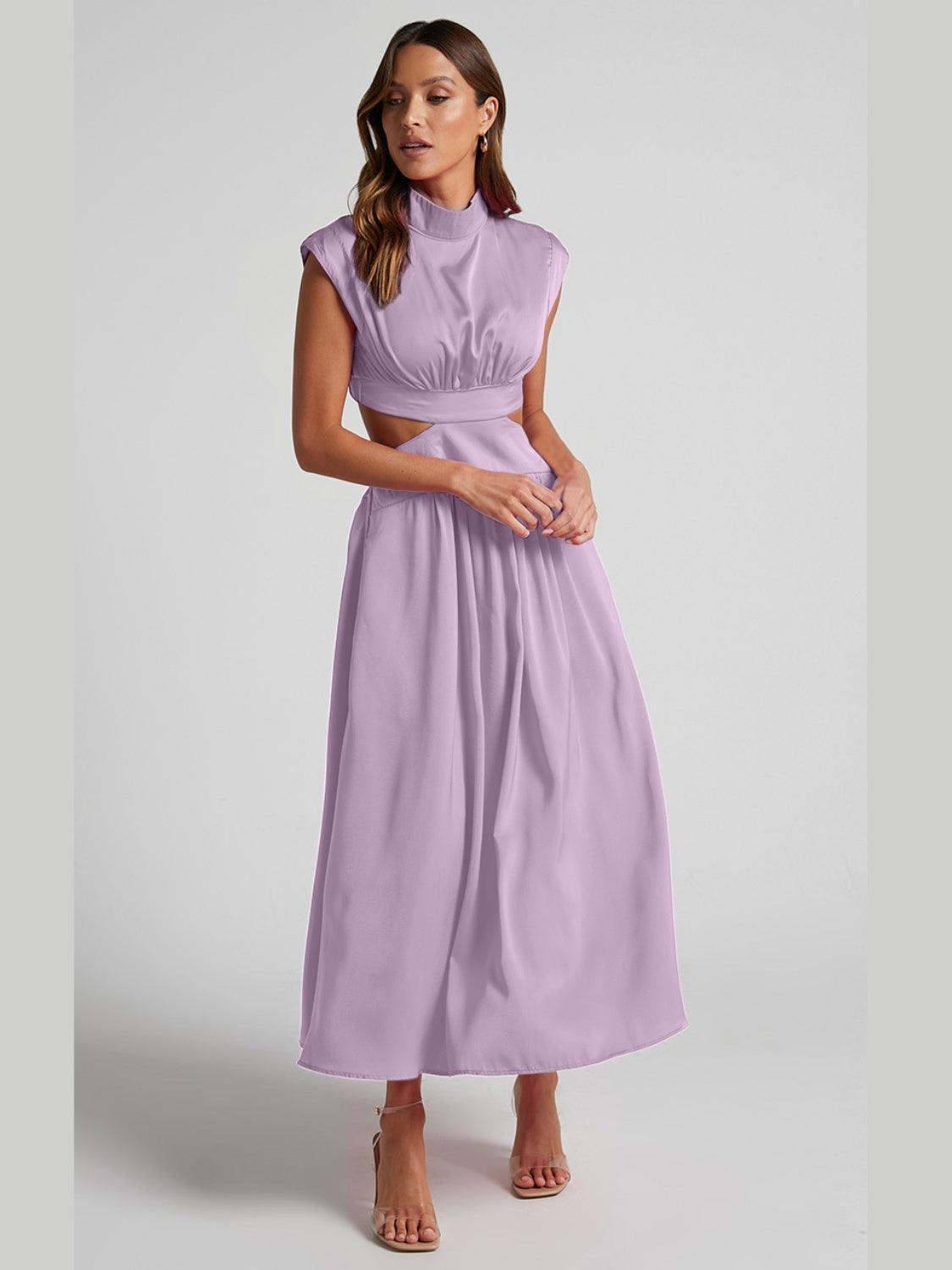 Cutout Mock Neck Sleeveless Ruched Dress - ClubOn