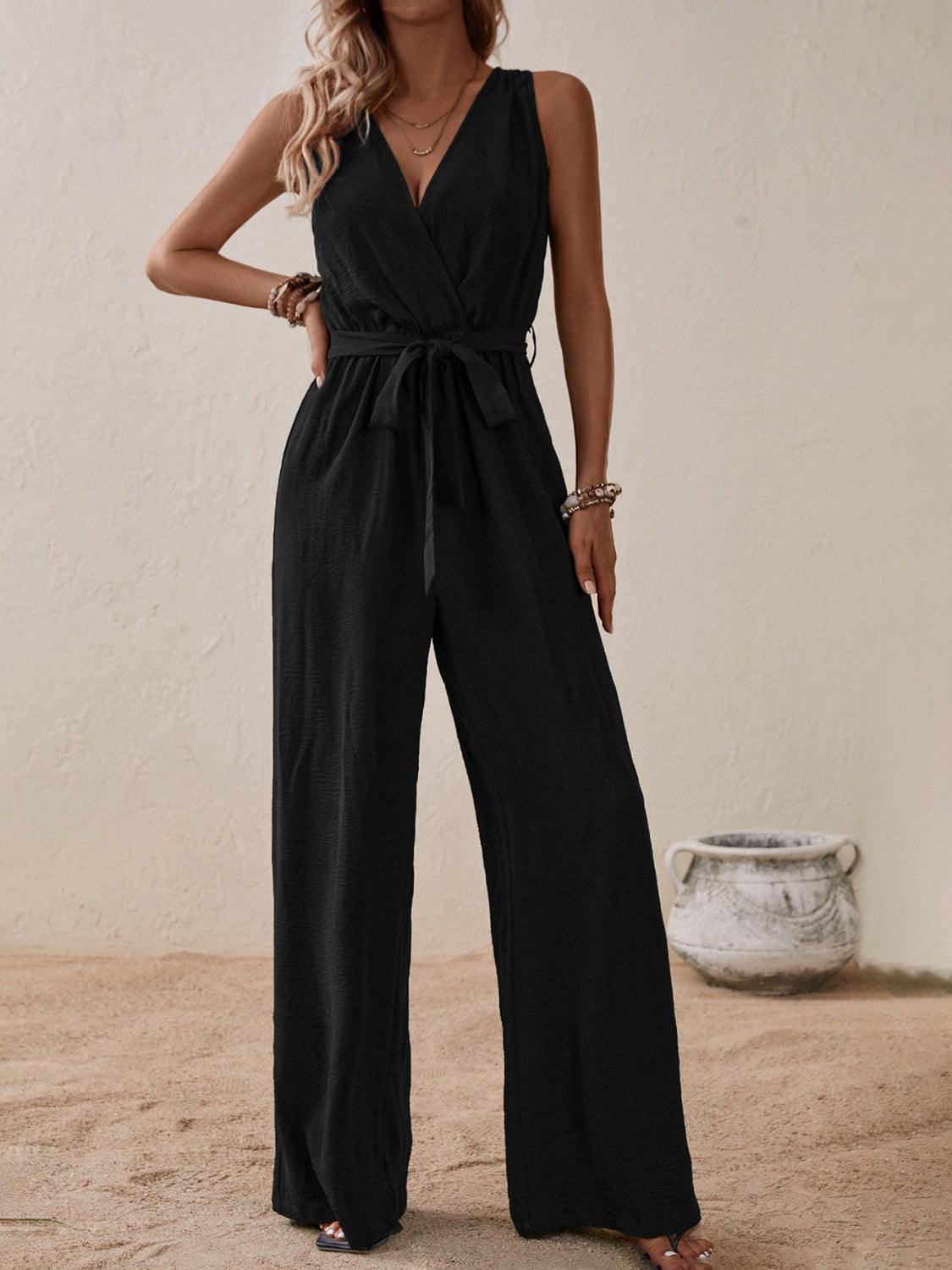 Honey Tied Surplice Sleeveless Wide Leg Jumpsuit - ClubOn