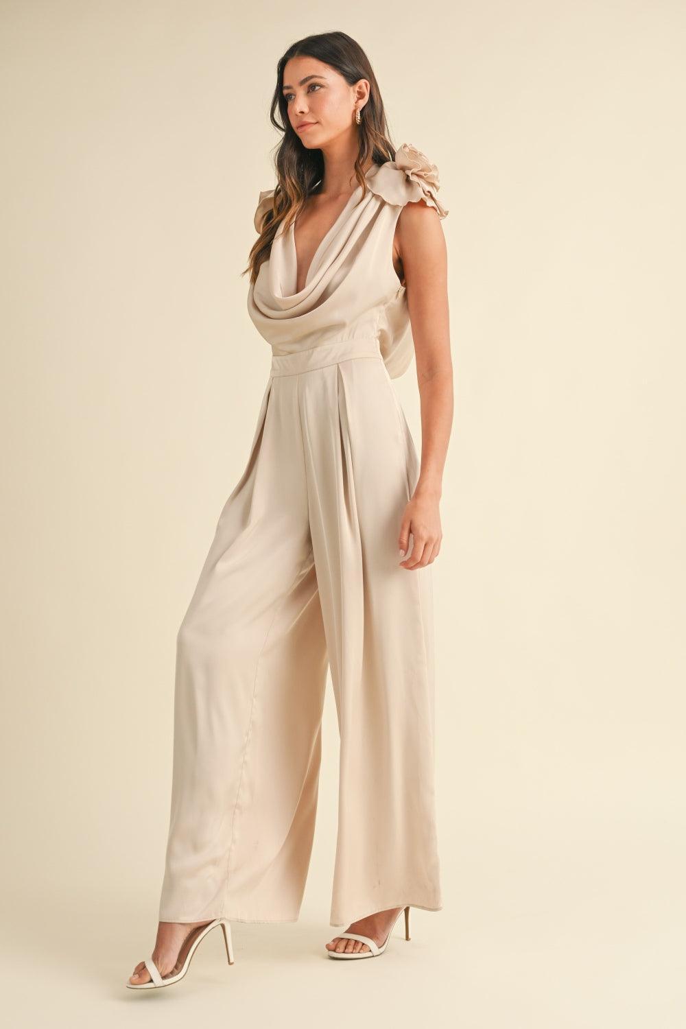 MABLE 3D Floral Applique Deep Cowl Neck Jumpsuit - ClubOn