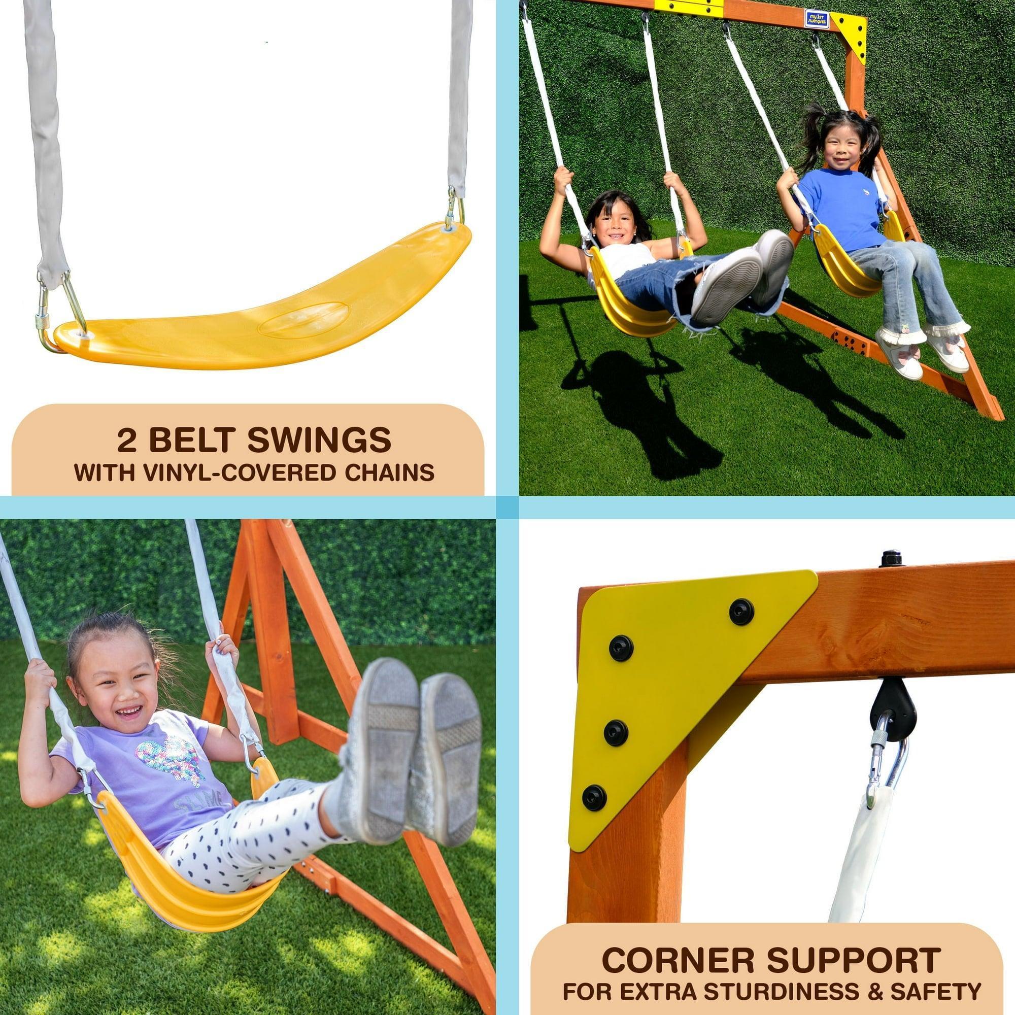 Sportspower My First Wood Swing Set – 2 Swings, Rock Climber, 6' Double Wall Slide, Lifetime Warranty – Outdoor Playground for Kids - ClubOn