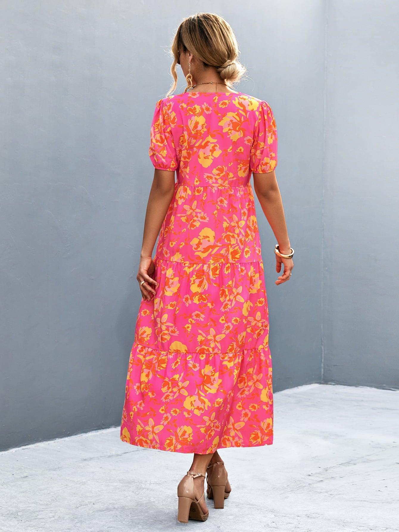 V-Neck Short Sleeve High Slit Midi Dress - ClubOn