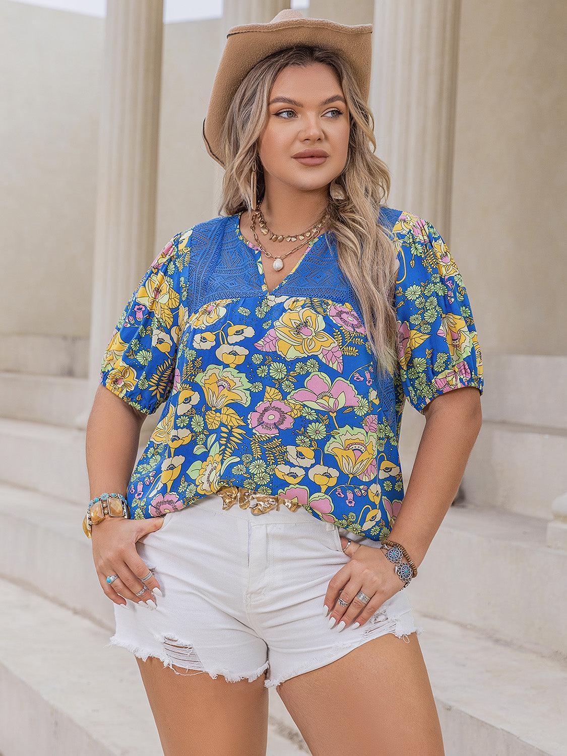 Plus Size Printed Notched Short Sleeve Blouse - ClubOn