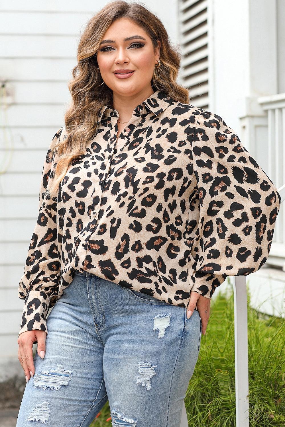 Plus Size Printed Long Sleeve Shirt - ClubOn