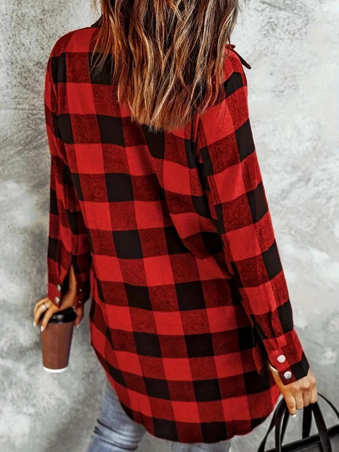 Plaid Collared Neck Snap Down Long Sleeve Jacket - ClubOn
