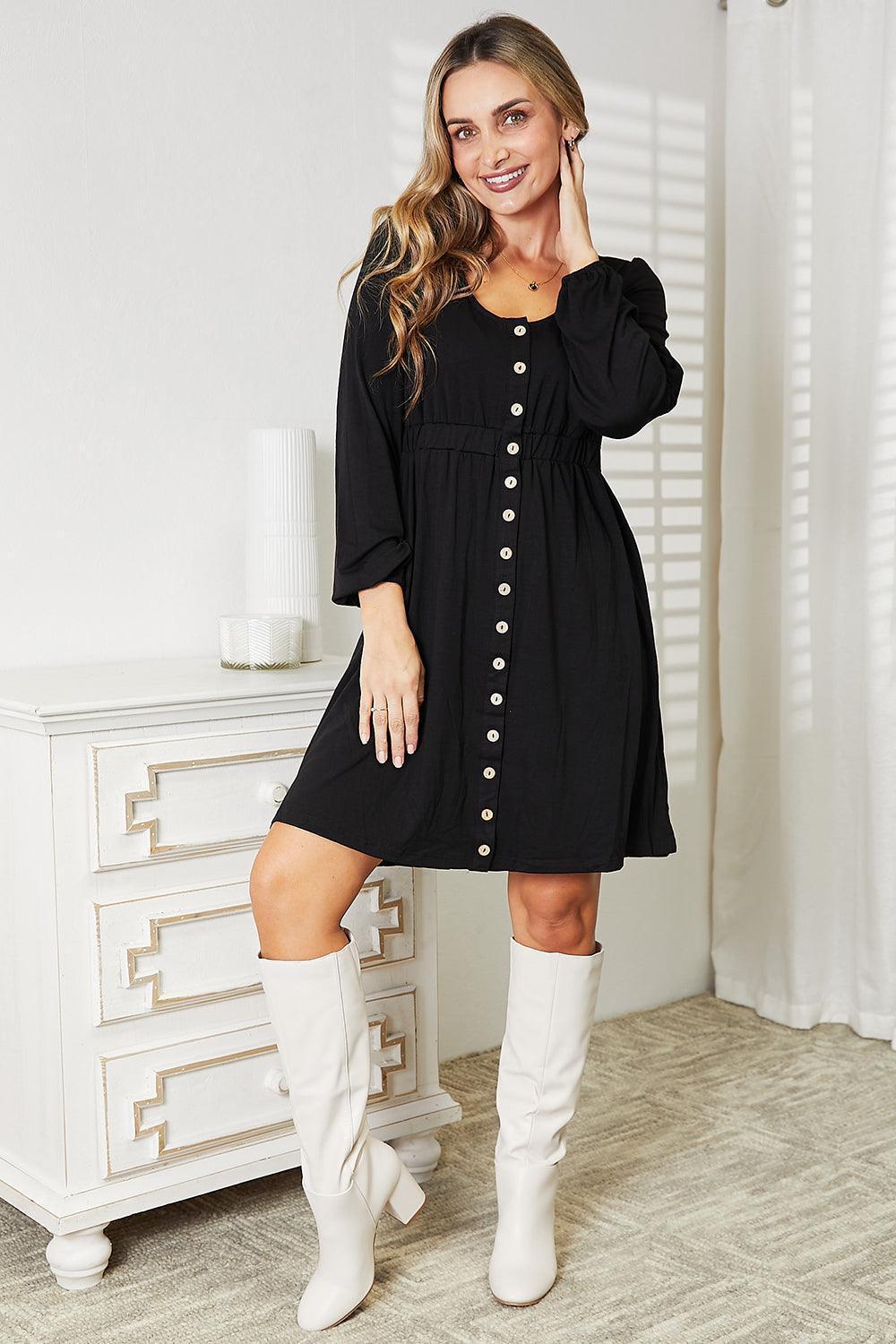 Double Take Scoop Neck Empire Waist Long Sleeve Magic Dress - ClubOn