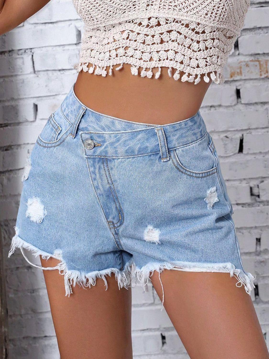 Distressed Raw Hem Denim Shorts - ClubOn