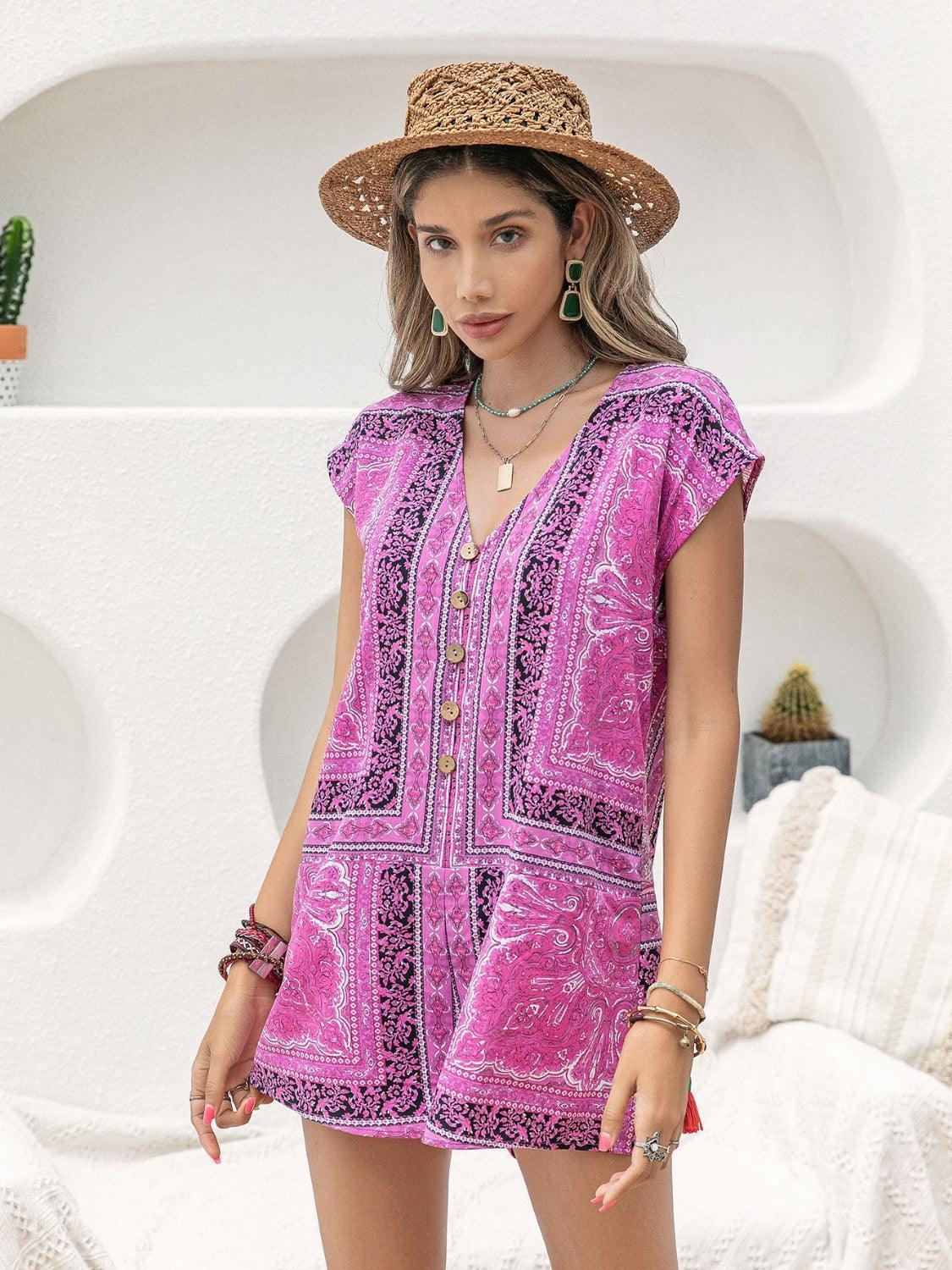 Printed V-Neck Cap Sleeve Romper - ClubOn