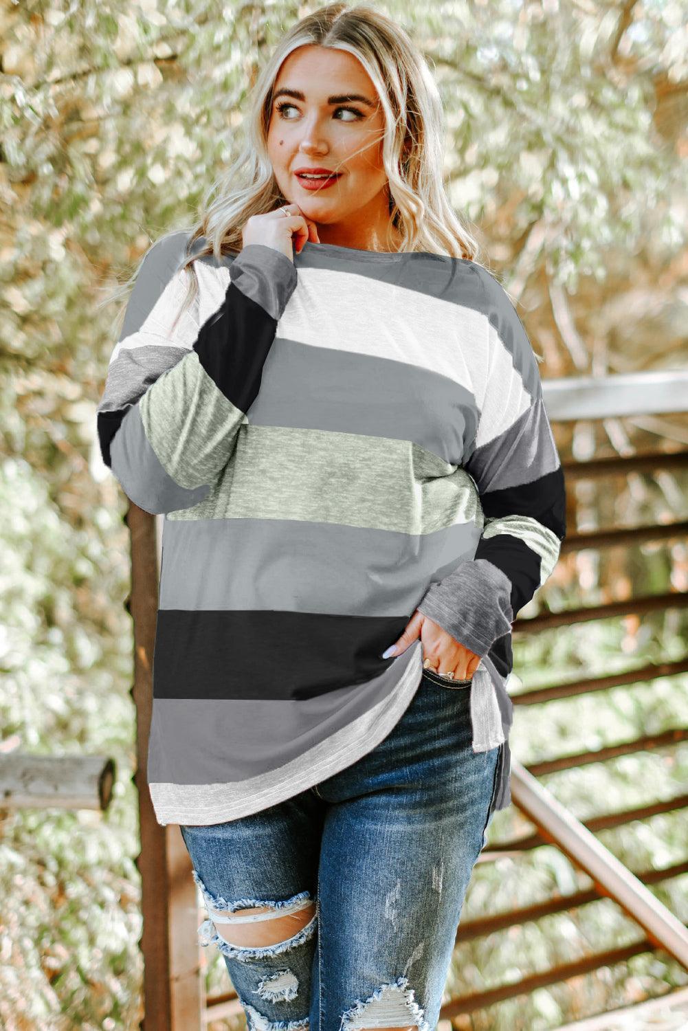Plus Size Striped Slit Long Sleeve T-Shirt - ClubOn