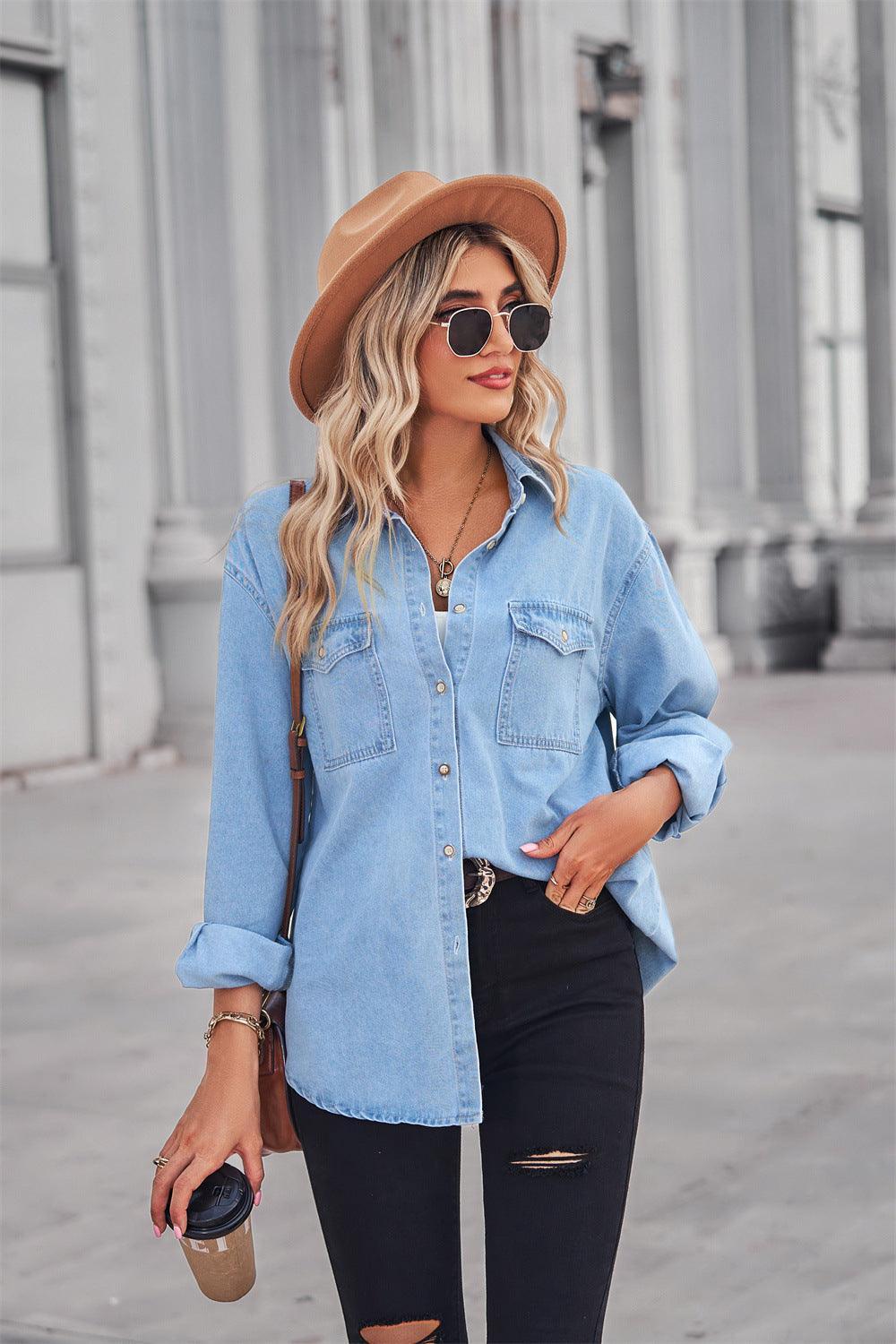Collared Neck Dropped Shoulder Denim Top - ClubOn