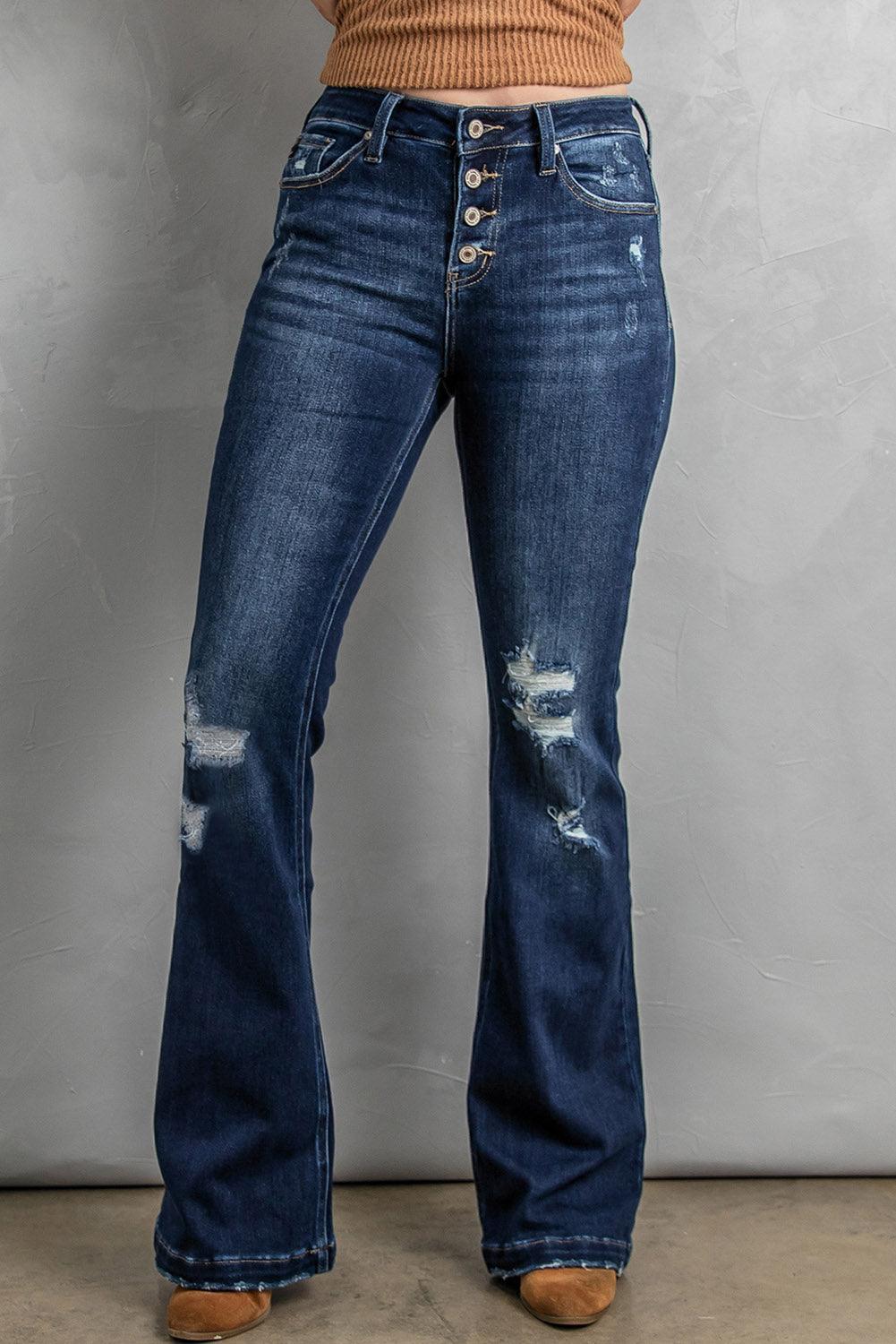 Button Fly Distressed Bootcut Jeans - ClubOn