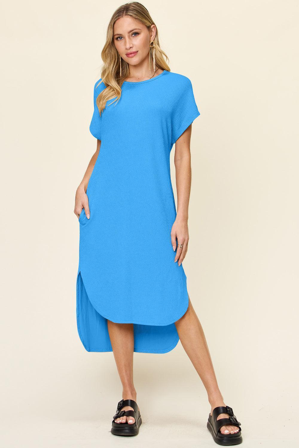 Double Take Full Size Round Neck Short Sleeve Slit Dress - ClubOn