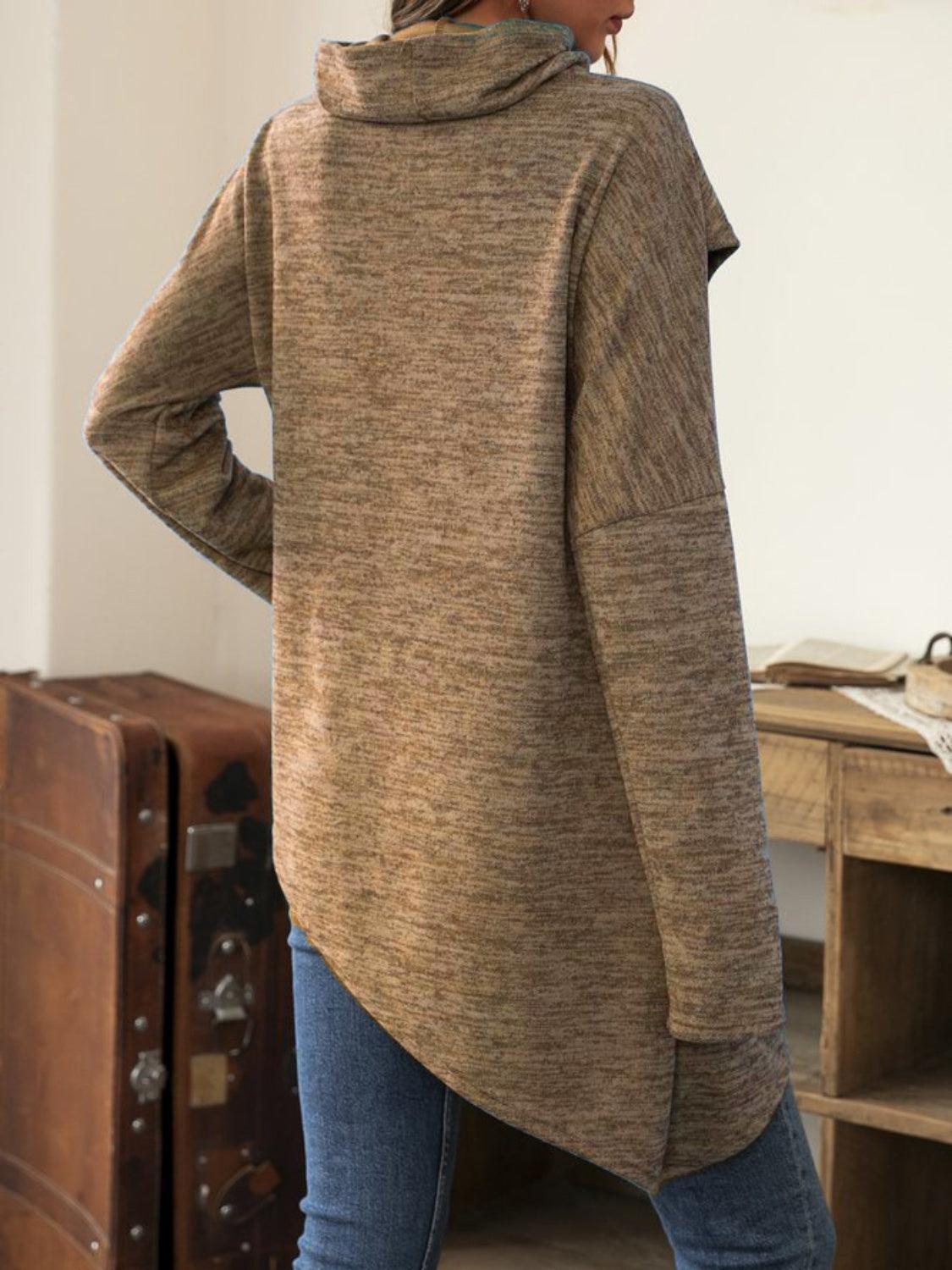 Asymmetrical Hem Cowl Neck Long Sleeve T-Shirt - ClubOn