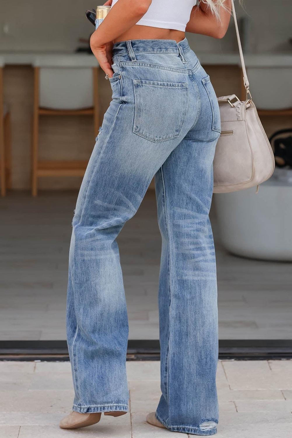 Distressed Straight Jeans with Pockets 1 - ClubOn