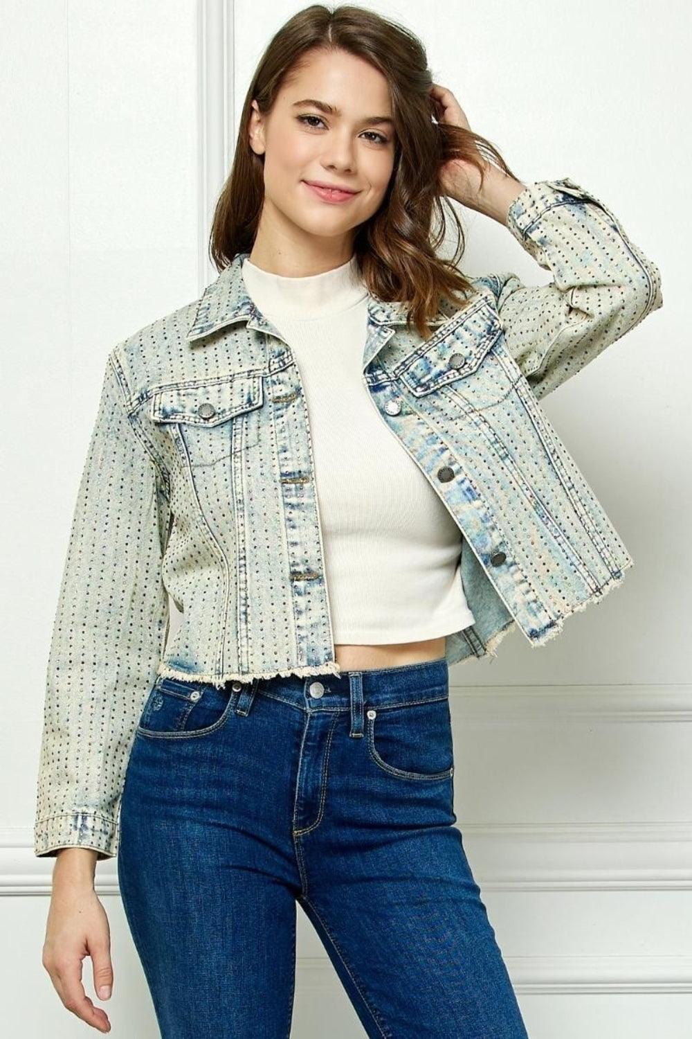 Veveret Multi Color Stripe Rhinestone Raw Hem Denim Jacket - ClubOn
