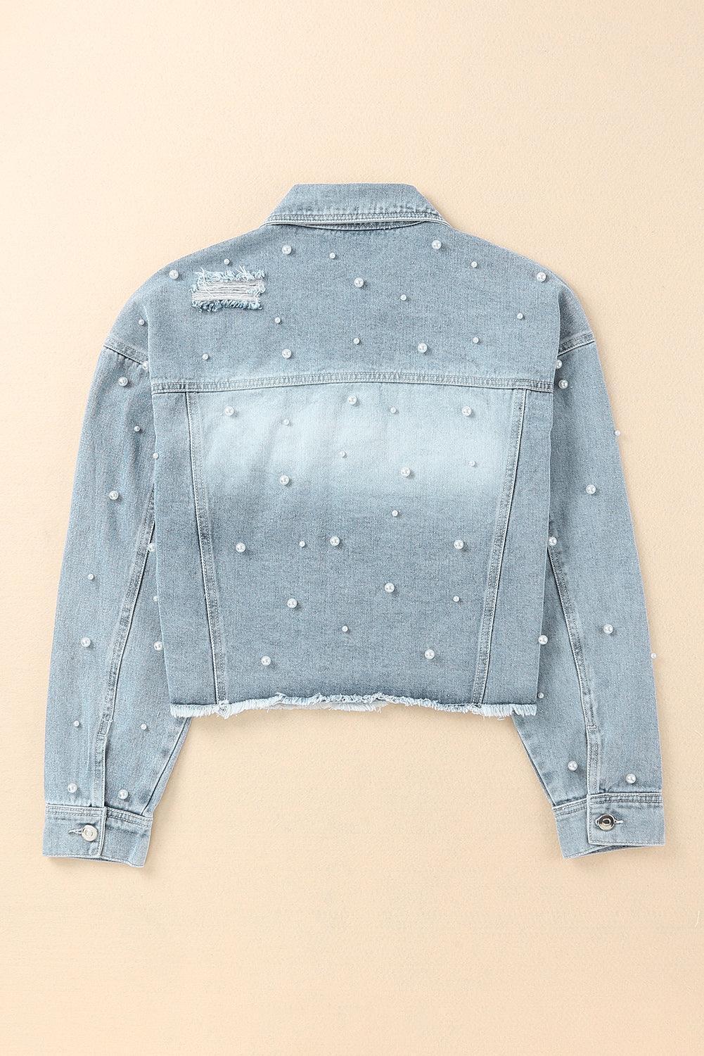 Distressed Pearl Trim Button Up Denim Jacket - ClubOn