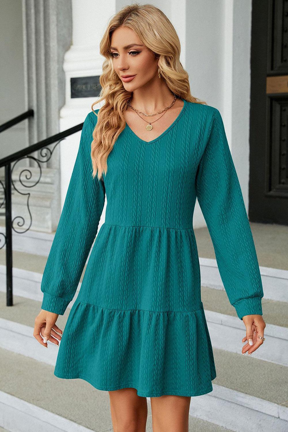 V-Neck Long Sleeve Mini Dress - ClubOn