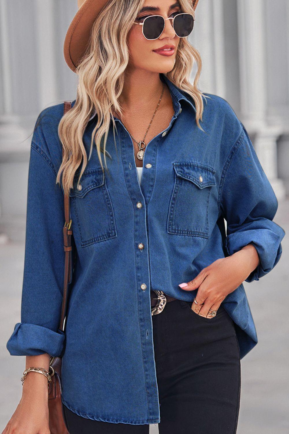 Collared Neck Dropped Shoulder Denim Top - ClubOn
