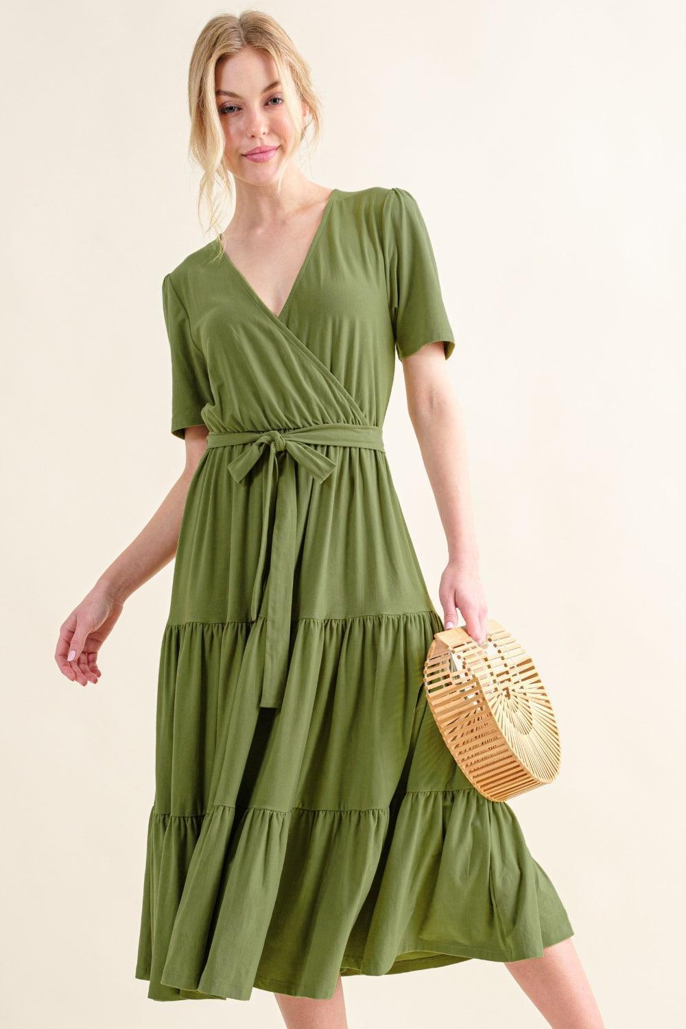 And The Why Soft Short Sleeve Tiered Midi Dress - ClubOn