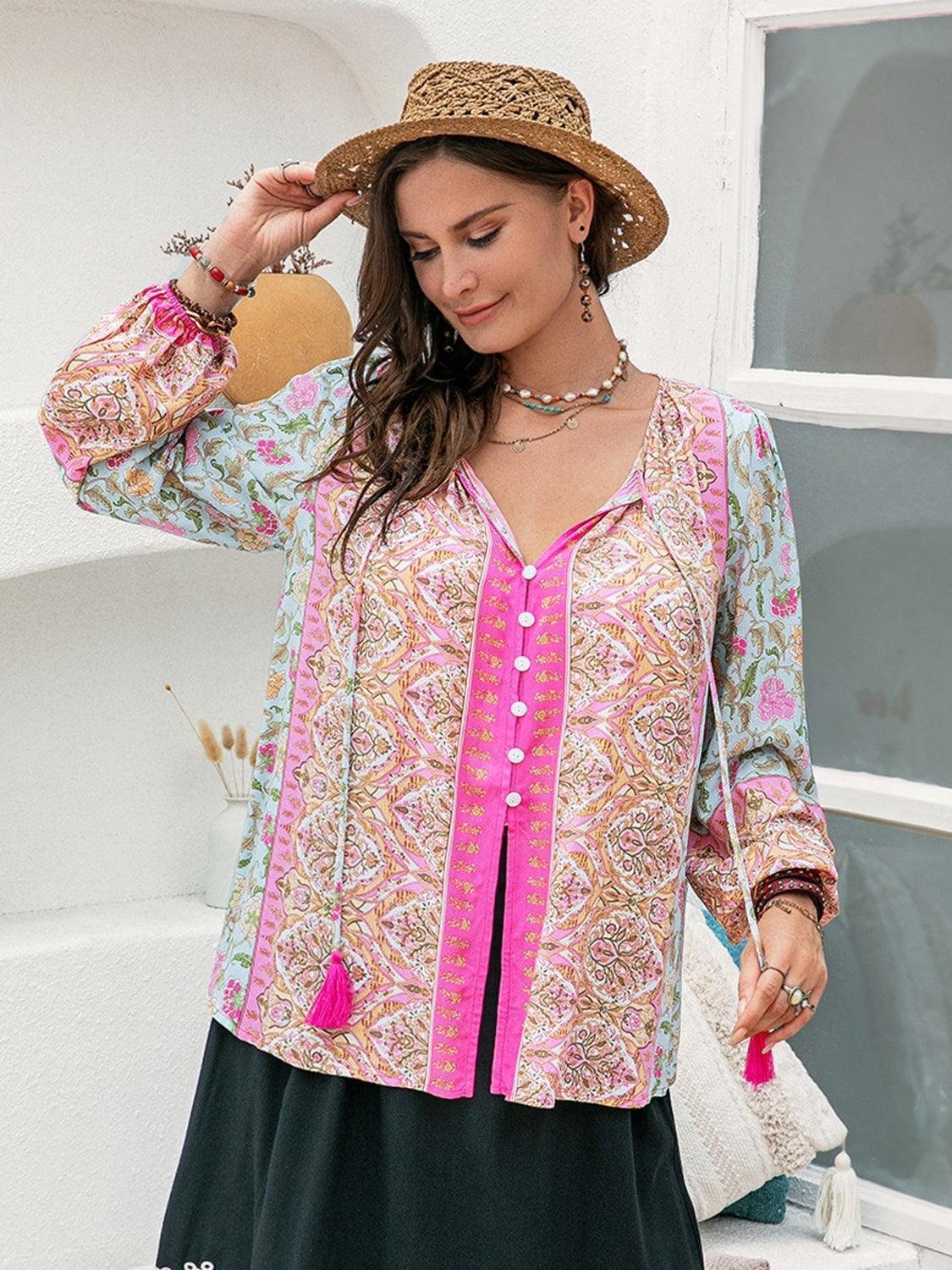 Plus Size Tie Neck Tassel Printed Blouse - ClubOn