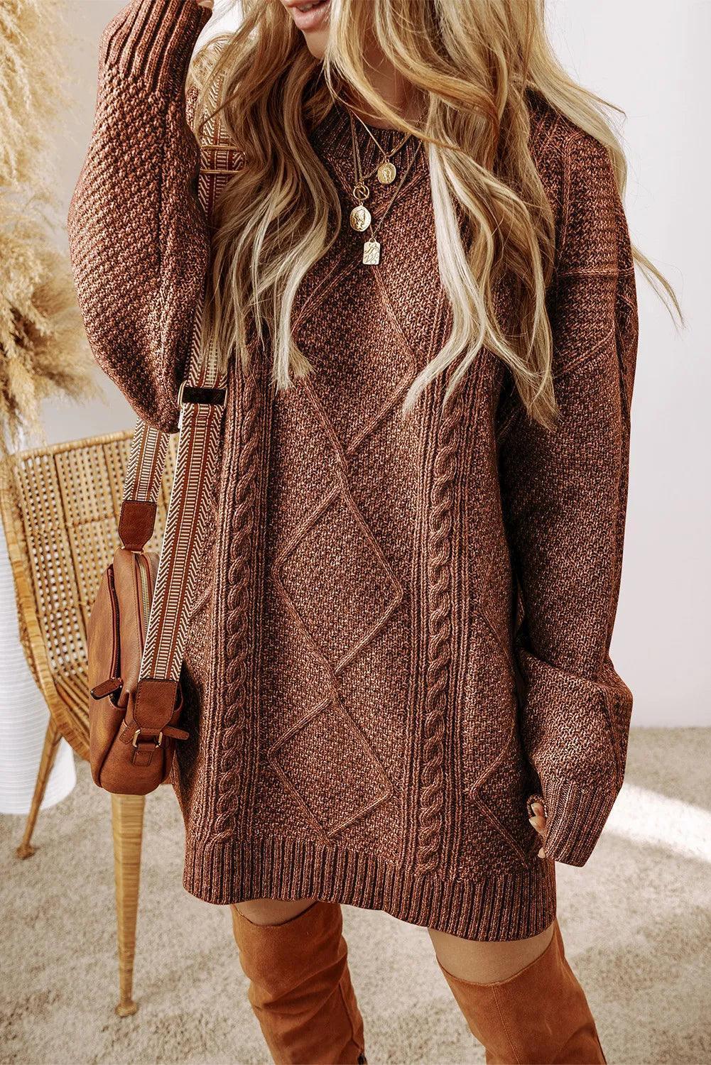 Cable-Knit Round Neck Sweater Dress - ClubOn