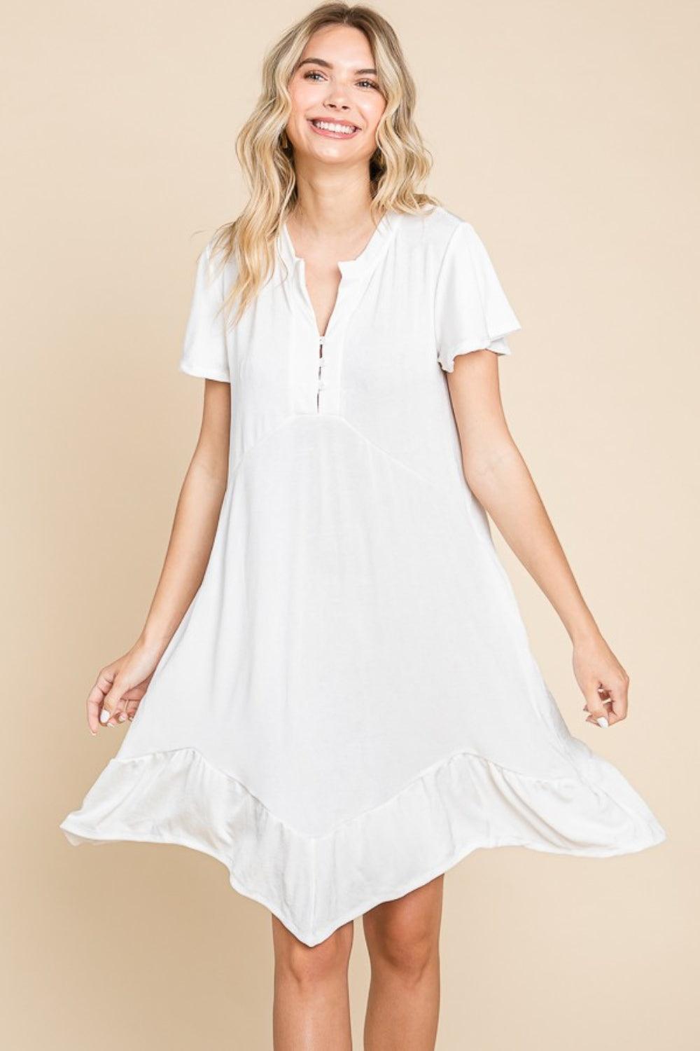Culture Code Full Size Short Sleeve Ruffled Asymmetric Hem Dress - ClubOn