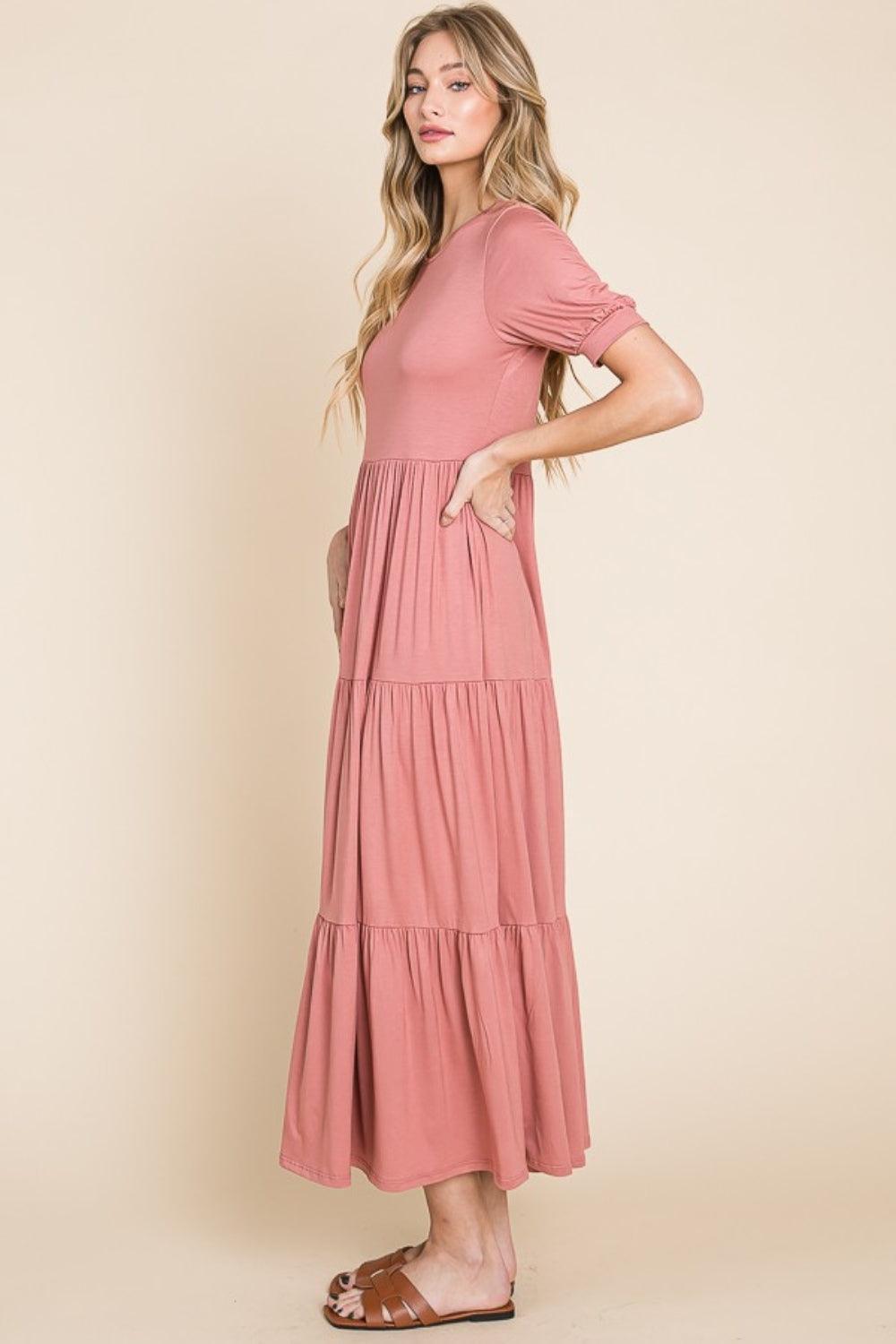 BOMBOM Short Sleeve Tiered Maxi Dress - ClubOn