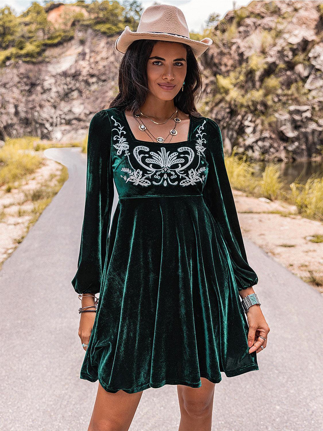 Embroidered Square Neck Long Sleeve Dress - ClubOn