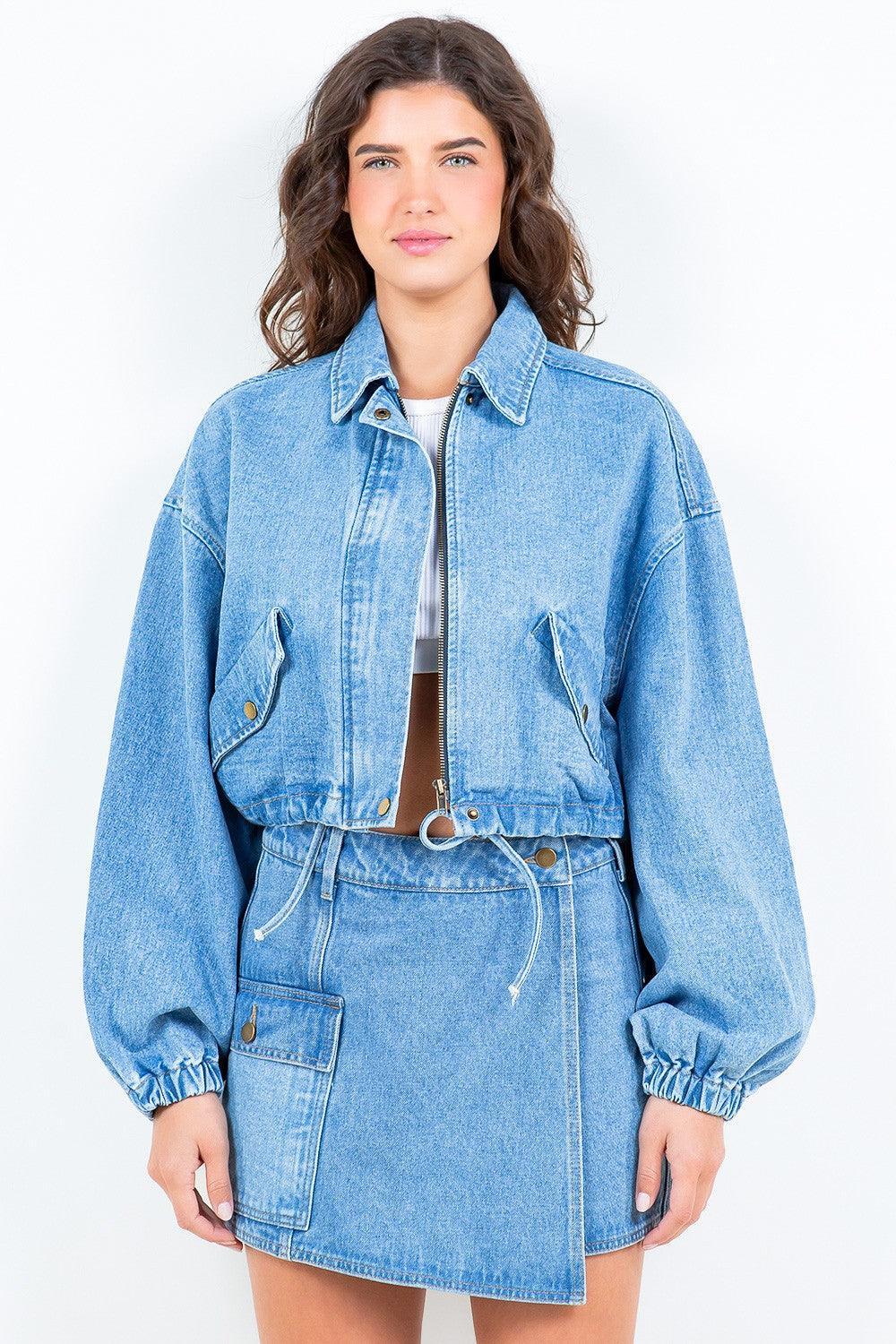 American Bazi Drawstring Waist Crop Denim Jacket - ClubOn