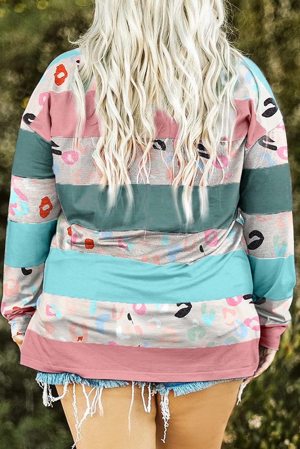 Plus Size Striped Slit Long Sleeve T-Shirt - ClubOn