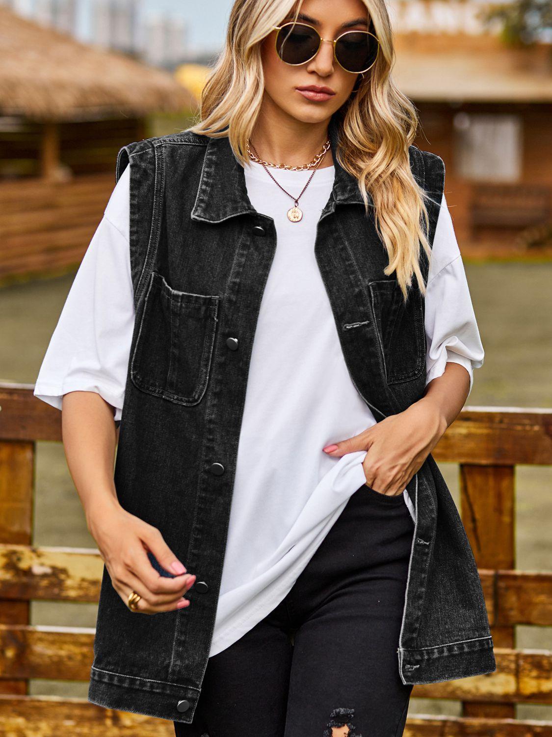 Button Down Denim Vest - ClubOn