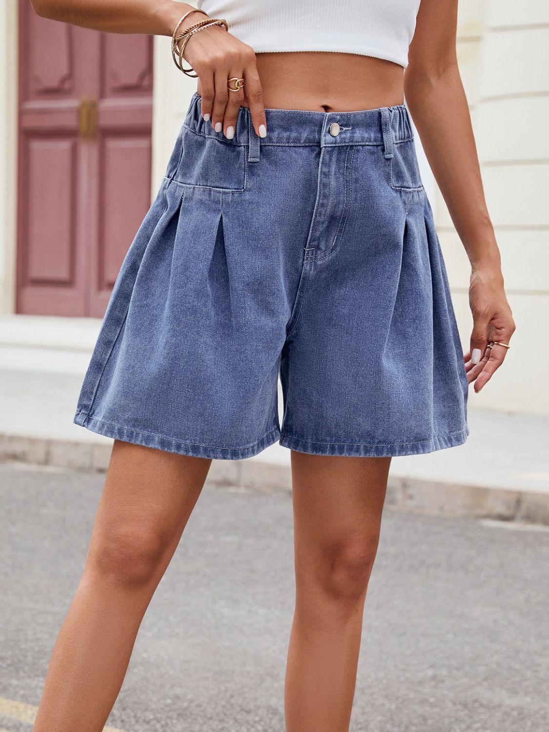 Ruched Half Elastic Waist Denim Shorts - ClubOn