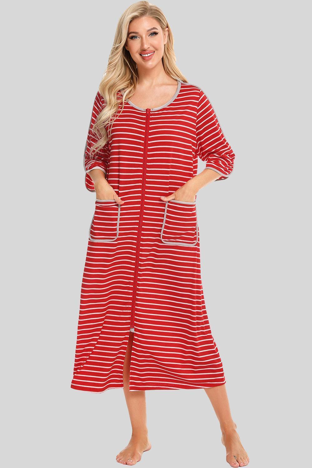 Round Neck Three-Quarter Sleeve Midi Night Dress - ClubOn