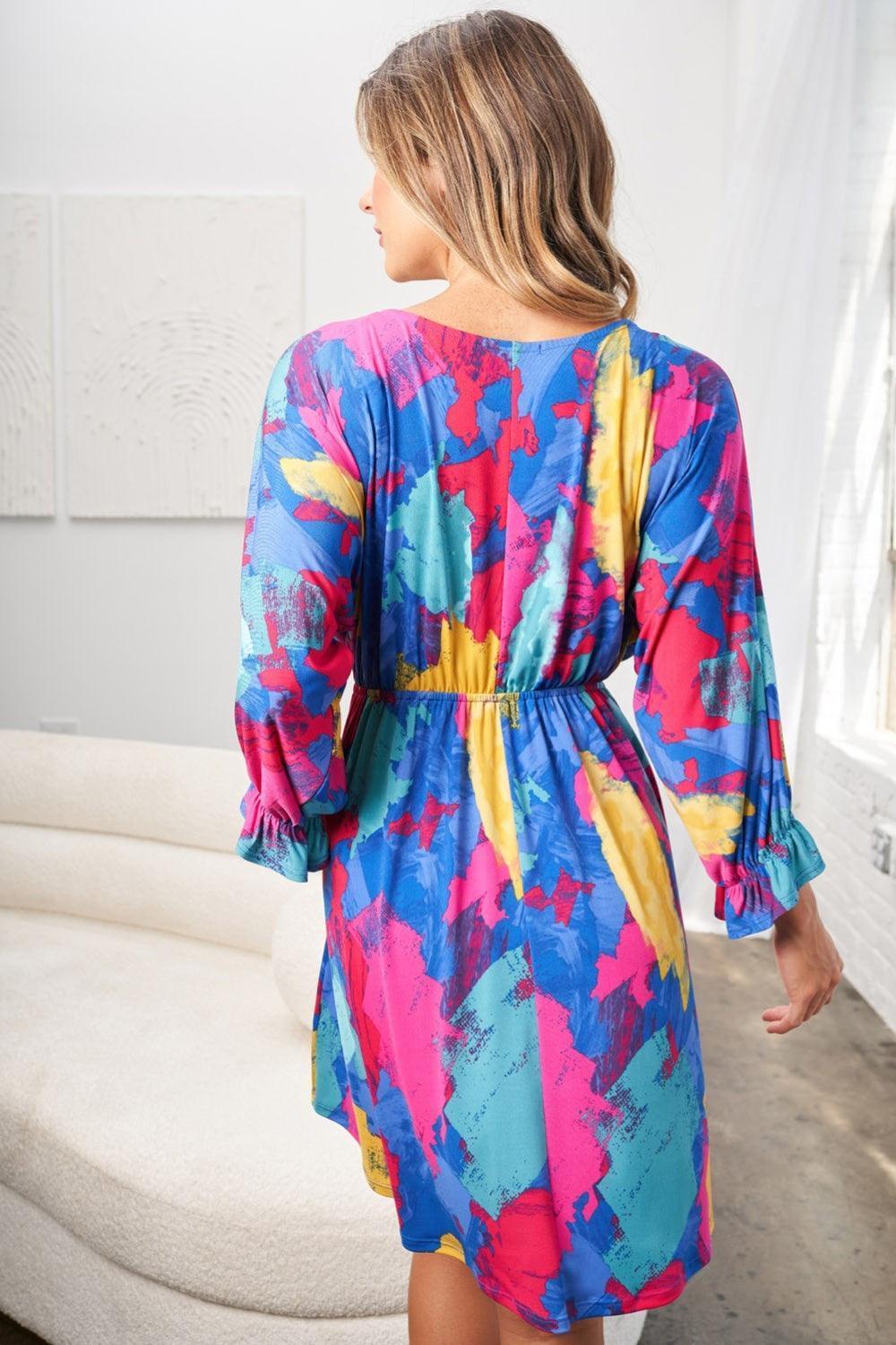 White Birch Full Size Printed V-Neck Mini Dress - ClubOn