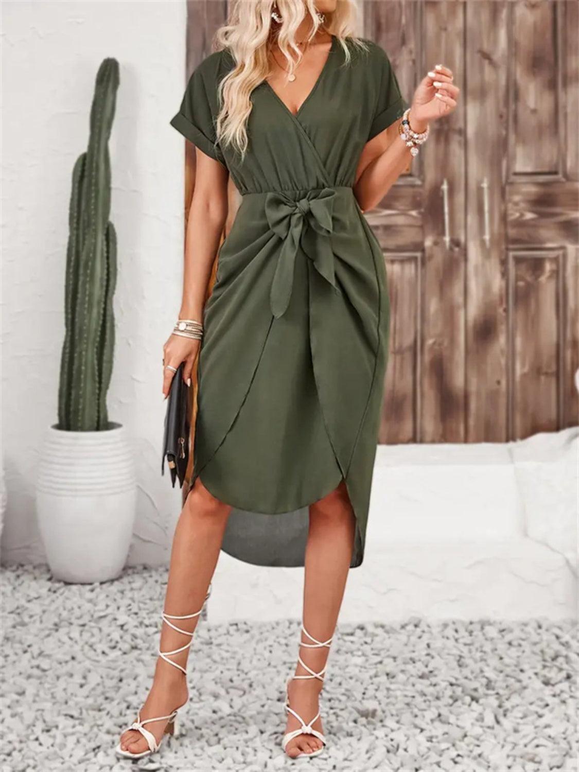 Tied Surplice Short Sleeve Dress - ClubOn