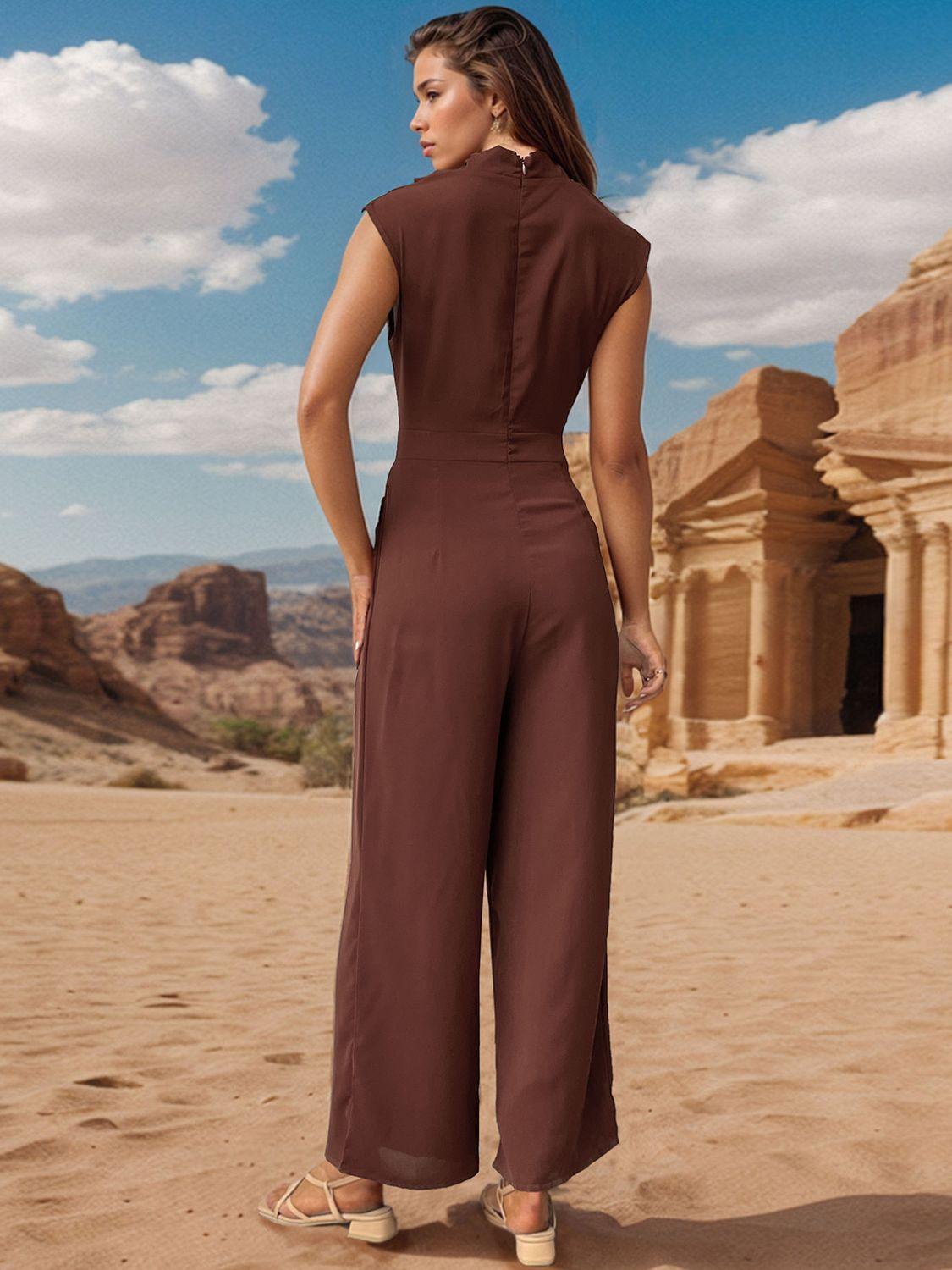 Perfee Ruched Mock Neck Sleeveless Jumpsuit - ClubOn