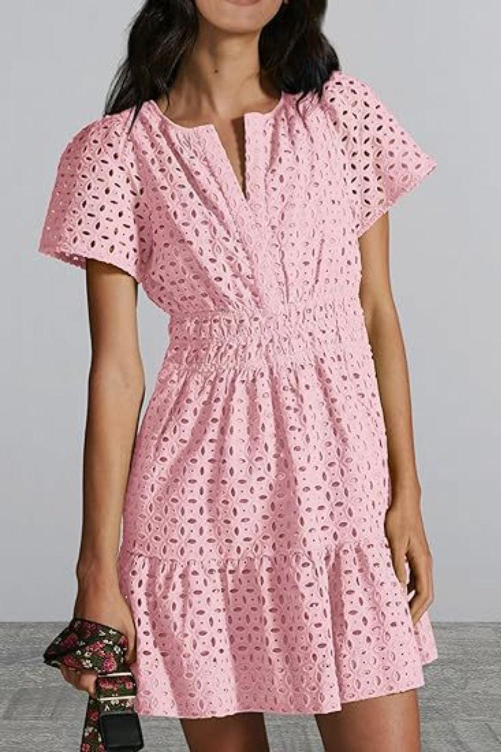 Eyelet Notched Short Sleeve Mini Dress - ClubOn