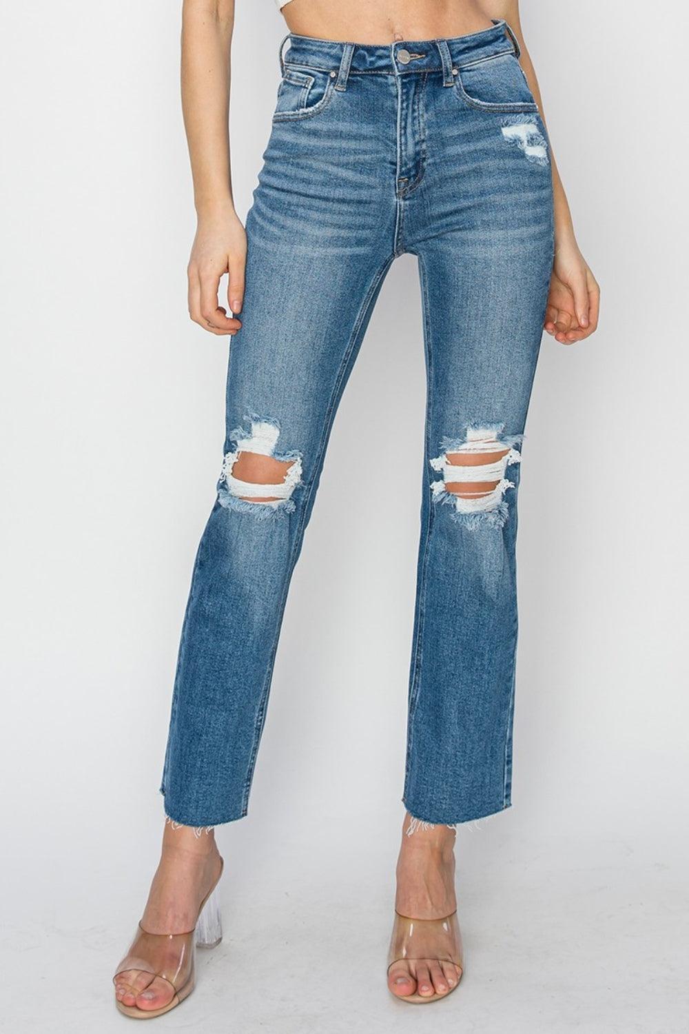 RISEN High Rise Distressed Ankle Jeans - ClubOn
