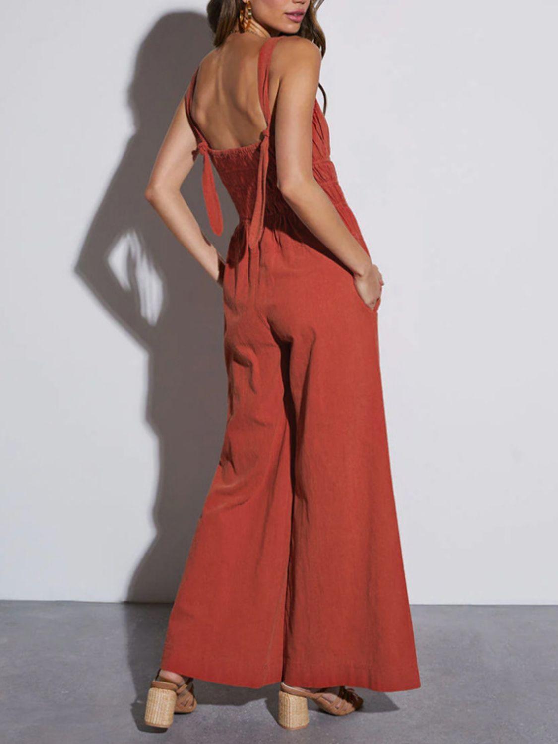 Perfee Ruched Wide Strap Jumpsuit with Pockets - ClubOn