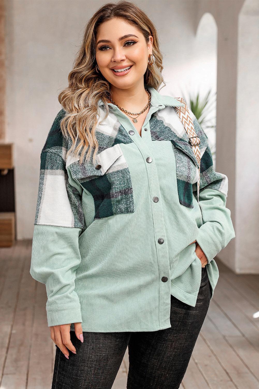 Plus Size Plaid Snap Down Jacket with Pockets - ClubOn
