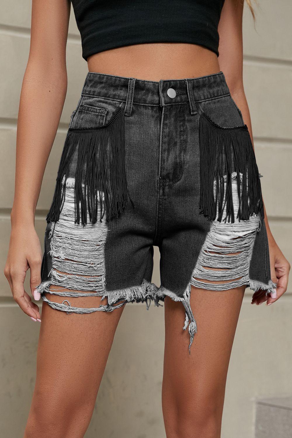 Fringe Trim Distressed Denim Shorts with Pockets - ClubOn