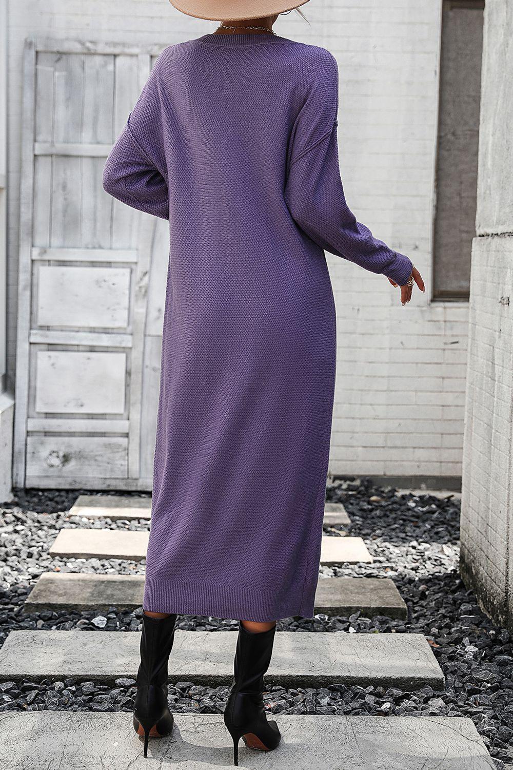 Decorative Button Notched Dropped Shoulder Sweater Dress - ClubOn