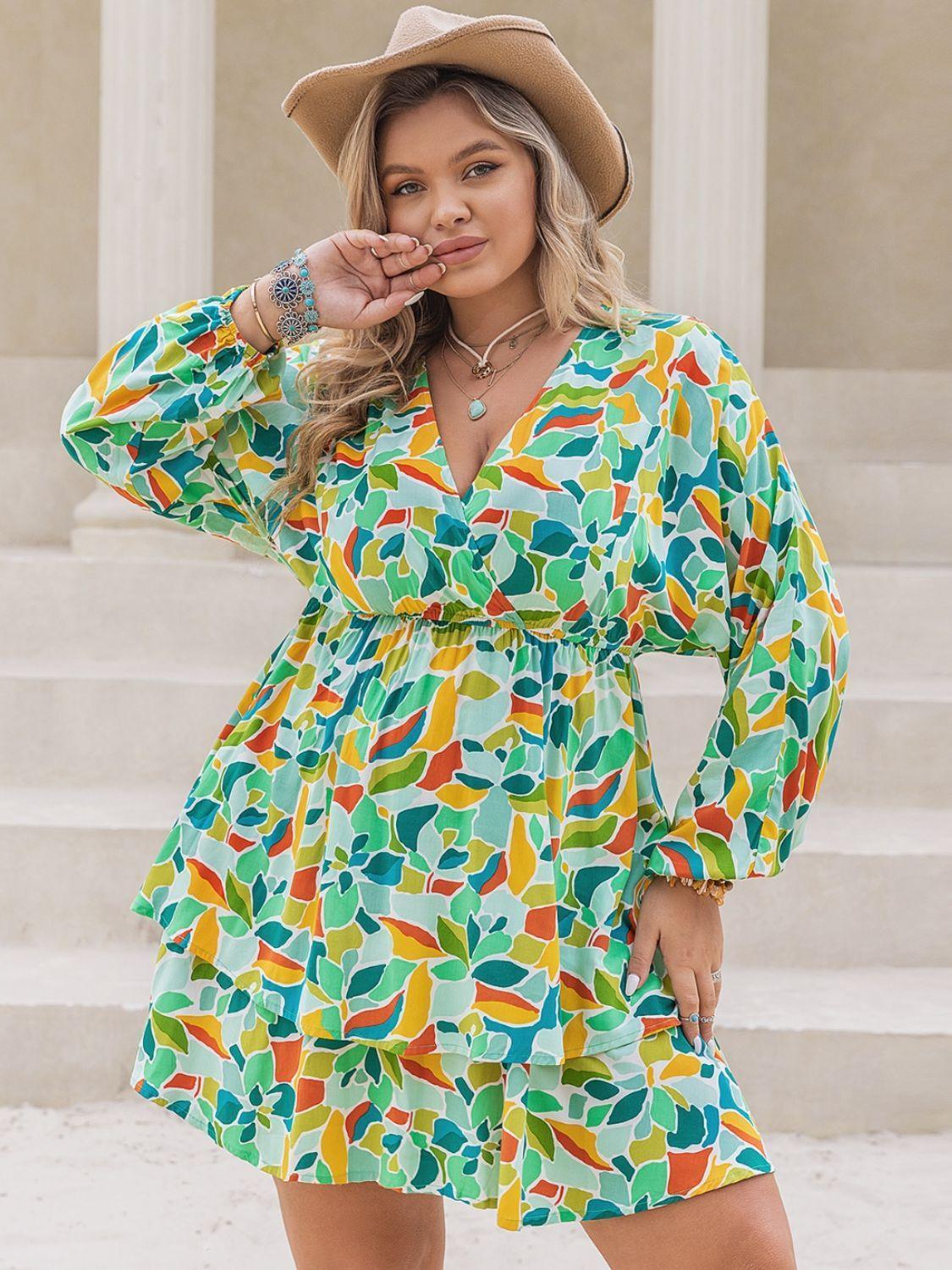 Plus Size Printed Surplice Long Sleeve Mini Dress - ClubOn