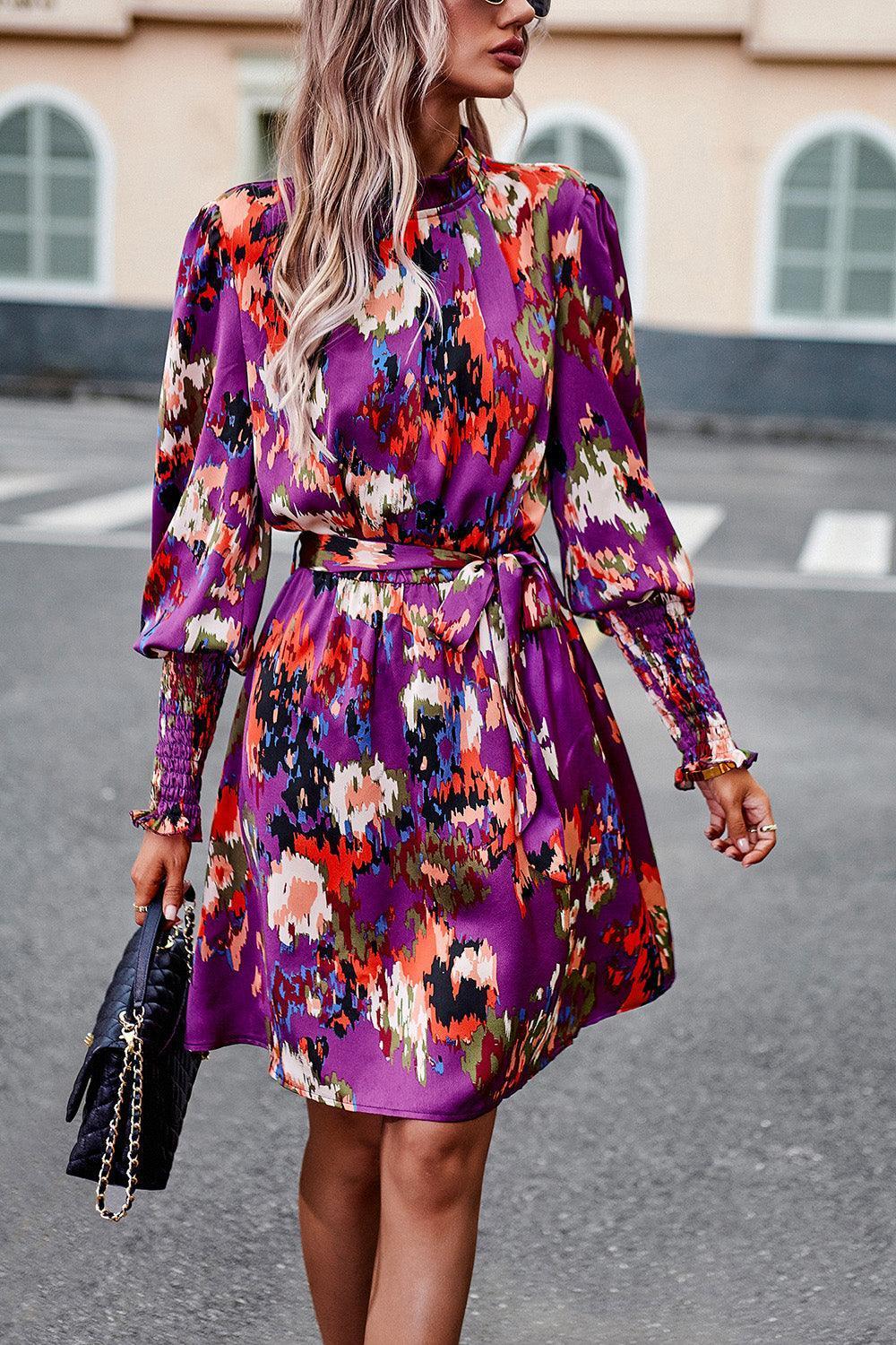 Devine Printed Tie Waist Mock Neck Lantern Sleeve Dress - ClubOn
