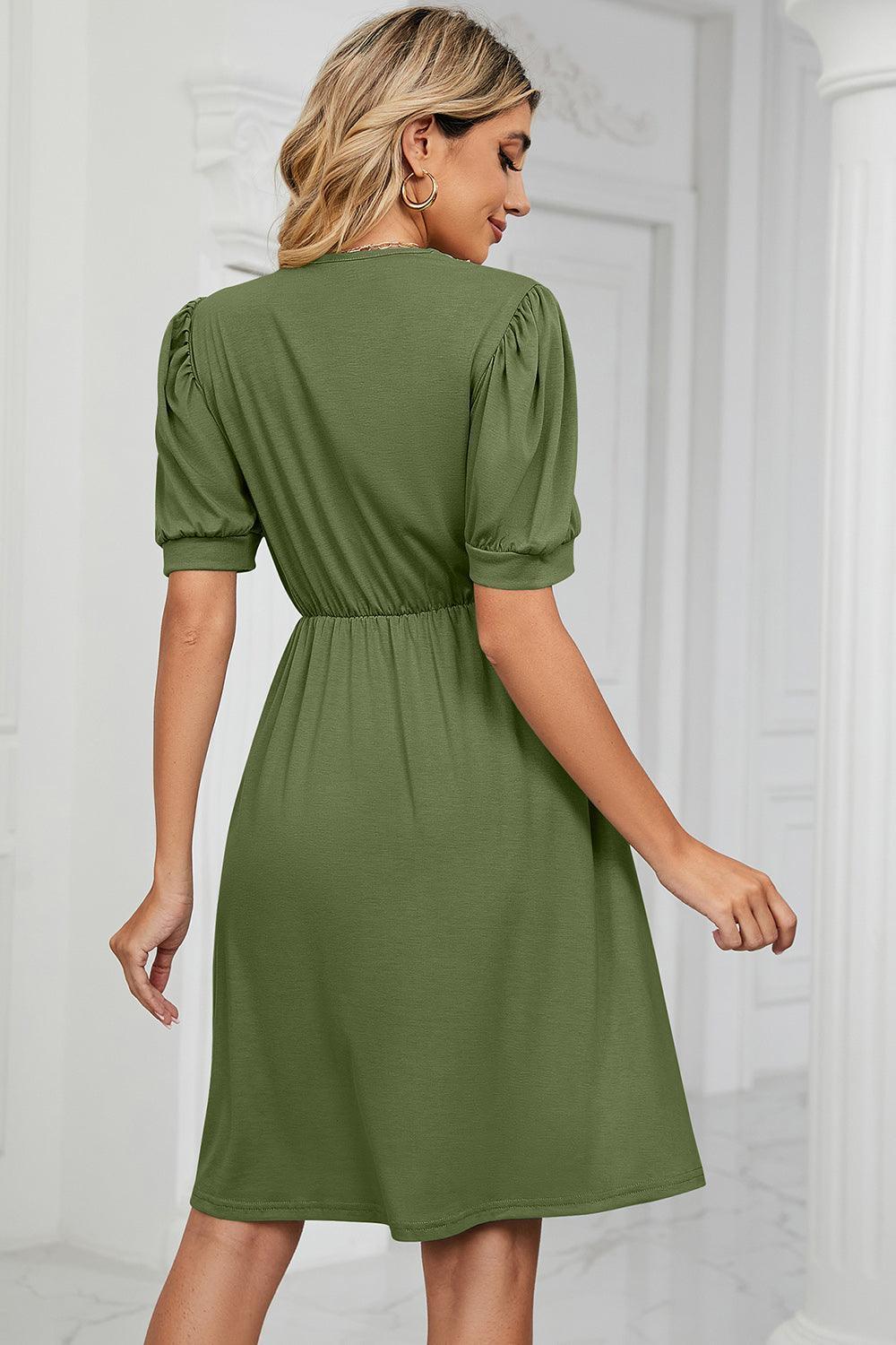 V-Neck Puff Sleeve Dress - ClubOn