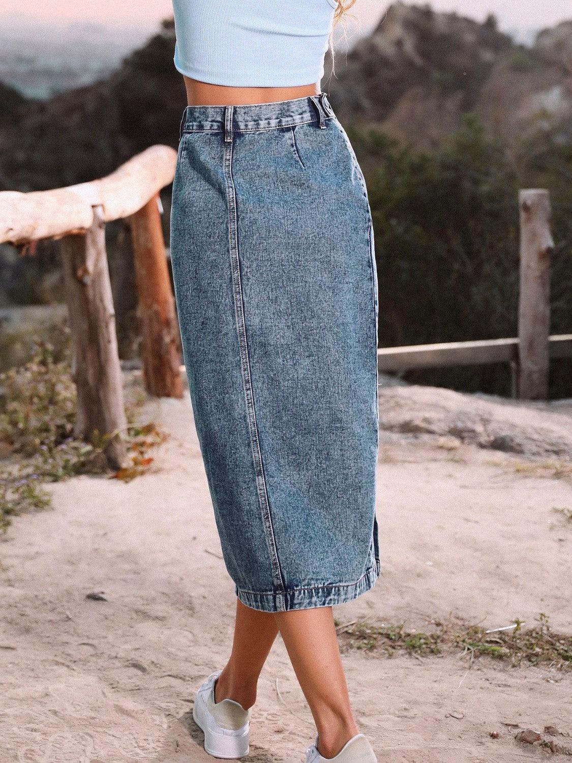 Button Down Denim Skirt - ClubOn