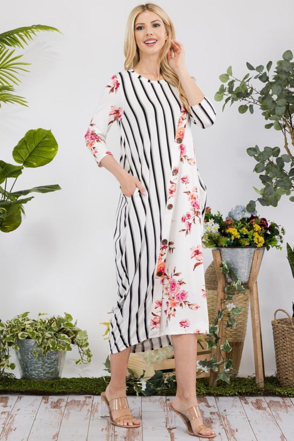 Celeste Full Size Floral Striped Contrast Midi-Dress with Pockets - ClubOn